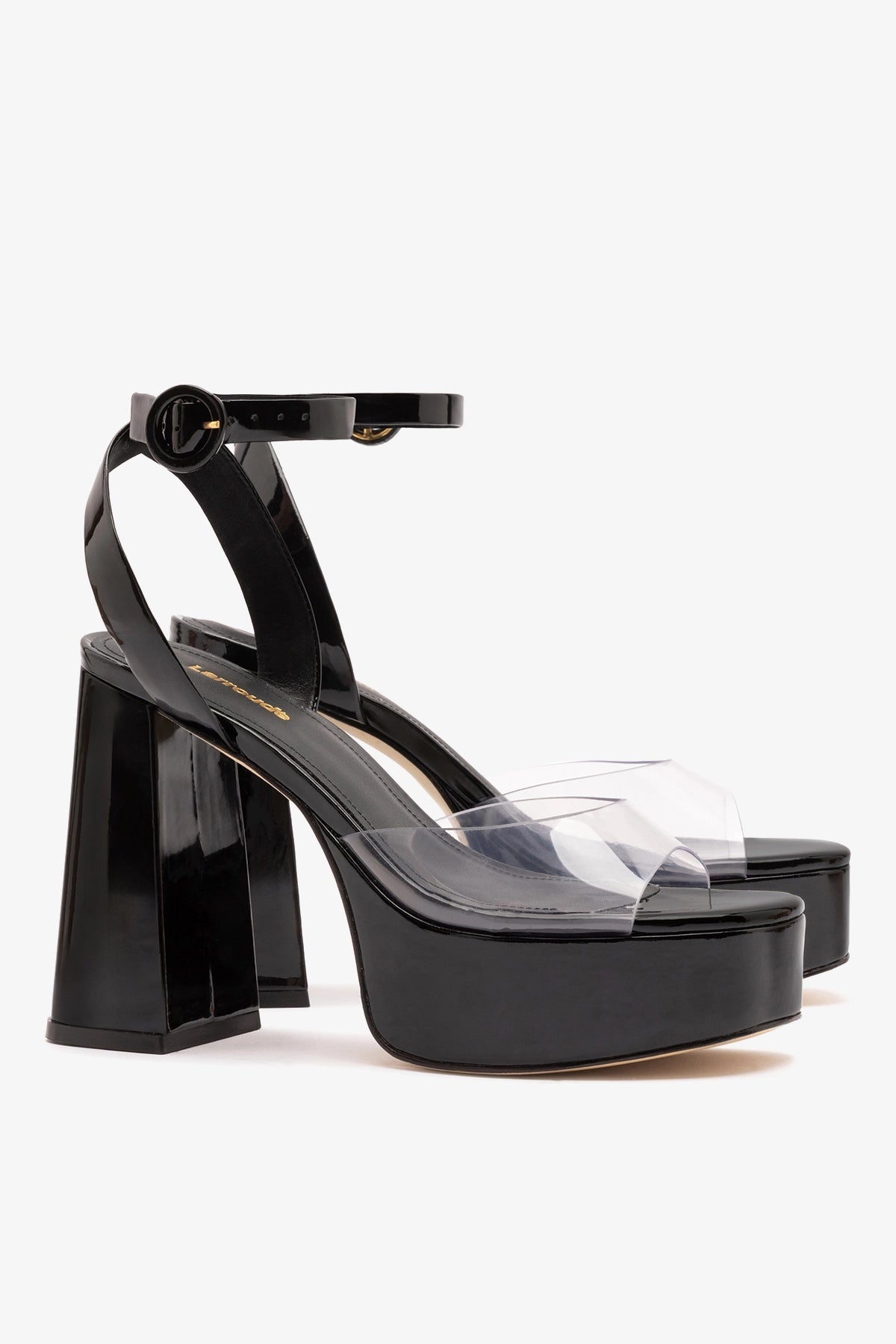 Larroude Dolly Clear Sandal Black Patent Leather