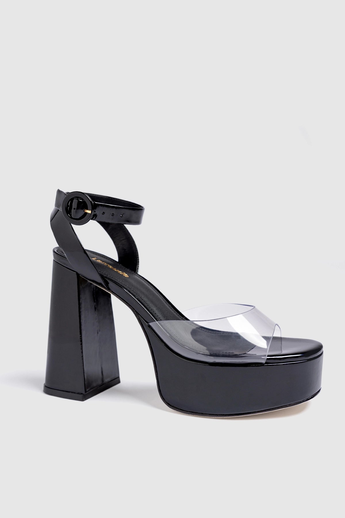Larroude Dolly Clear Sandal Black Patent Leather