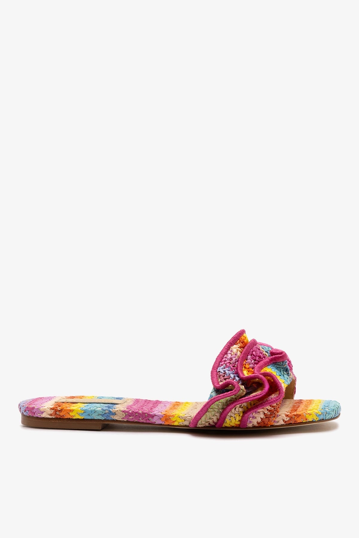 Larroude Ivy Ruffle Flat Rainbow Raffia