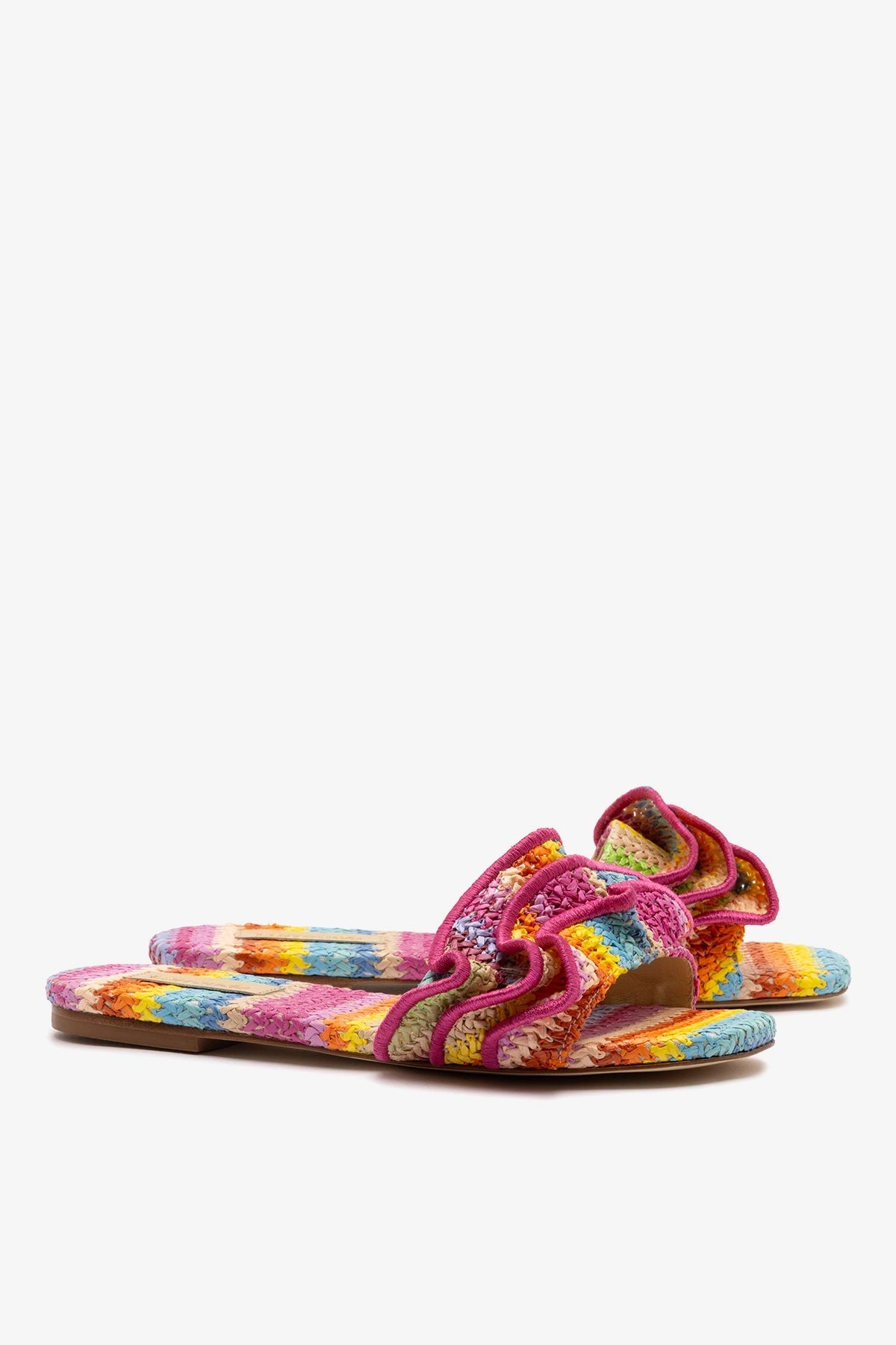 Larroude Ivy Ruffle Flat Rainbow Raffia