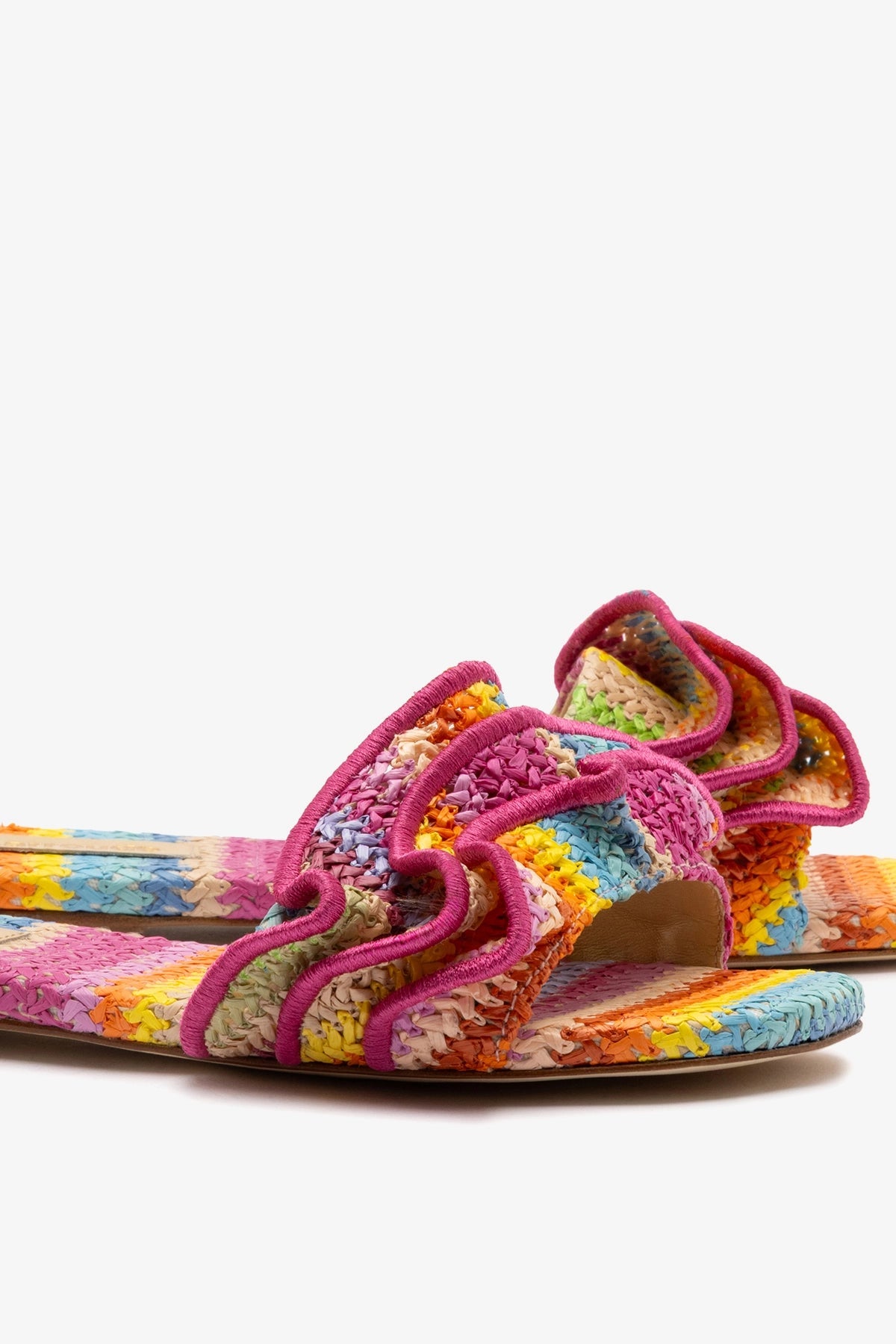 Larroude Ivy Ruffle Flat Rainbow Raffia