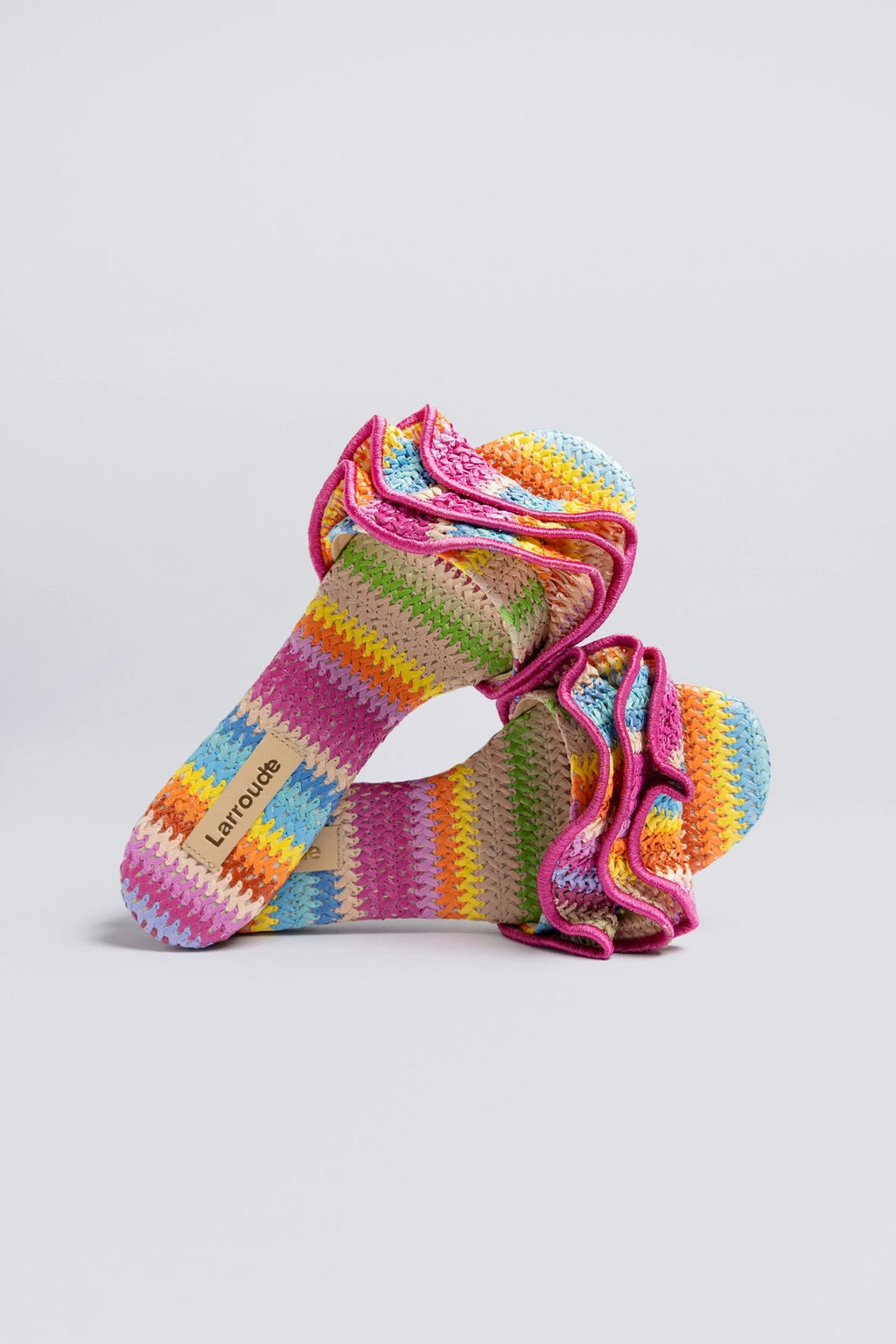 Larroude Ivy Ruffle Flat Rainbow Raffia