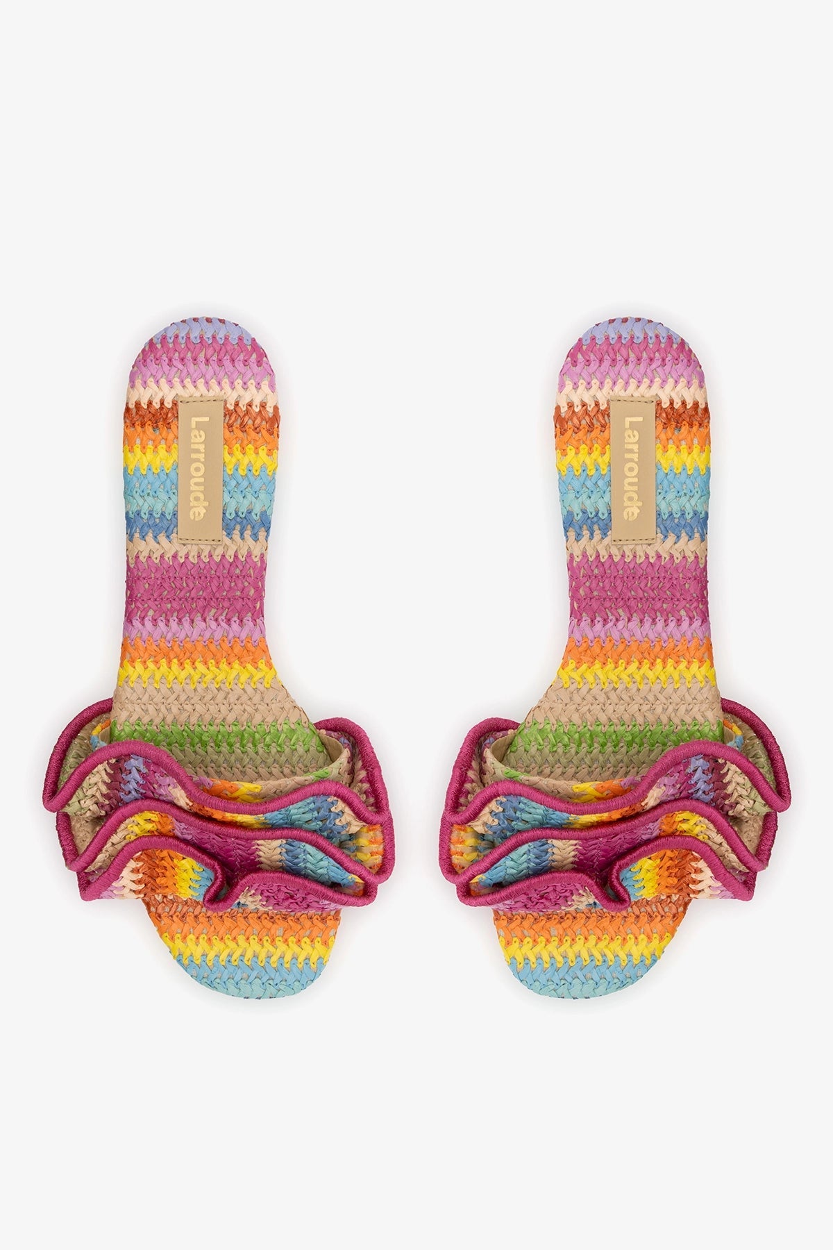 Larroude Ivy Ruffle Flat Rainbow Raffia
