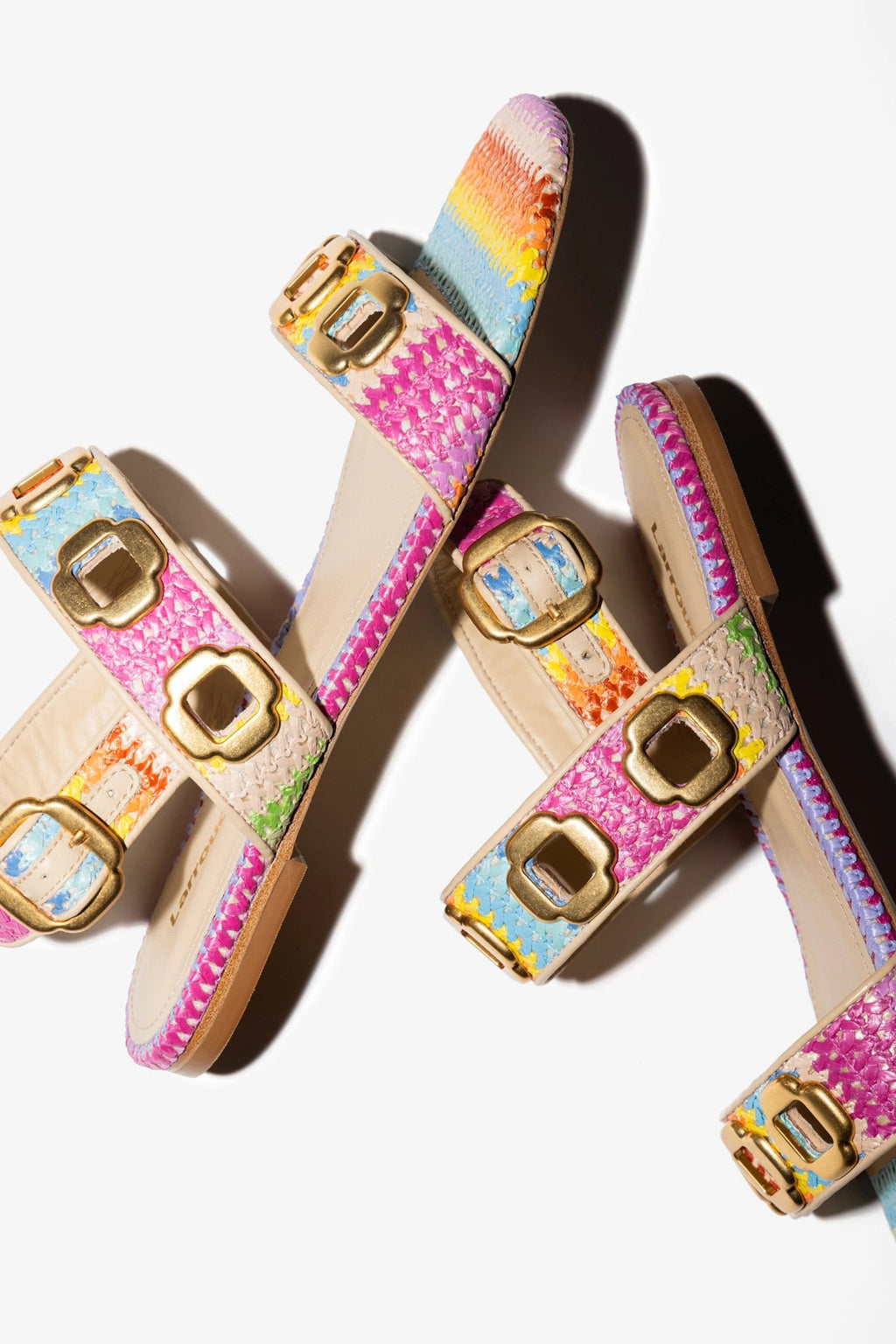 Larroude Milan Flat Sandal Rainbow Raffia
