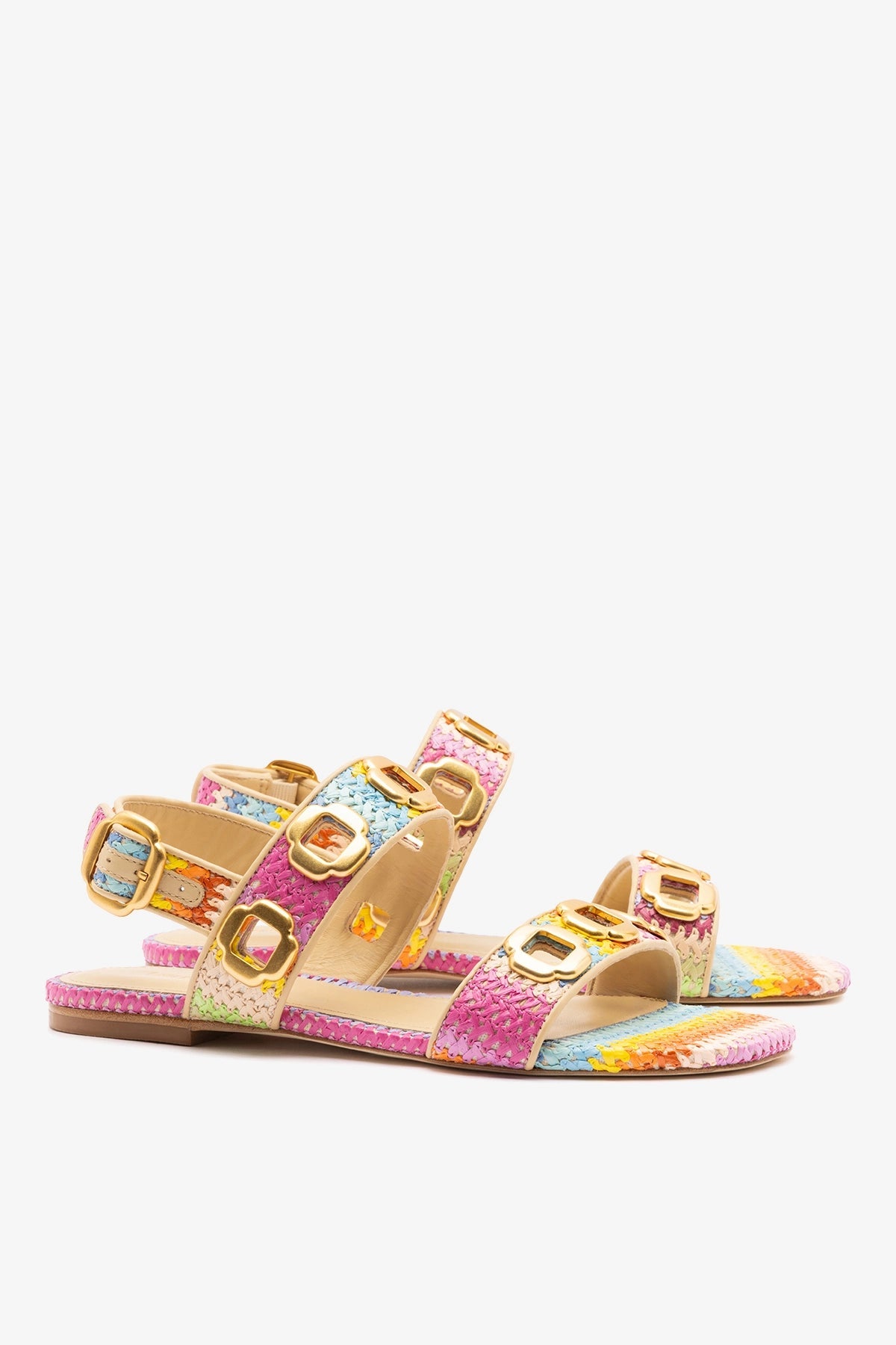 Larroude Milan Flat Sandal Rainbow Raffia