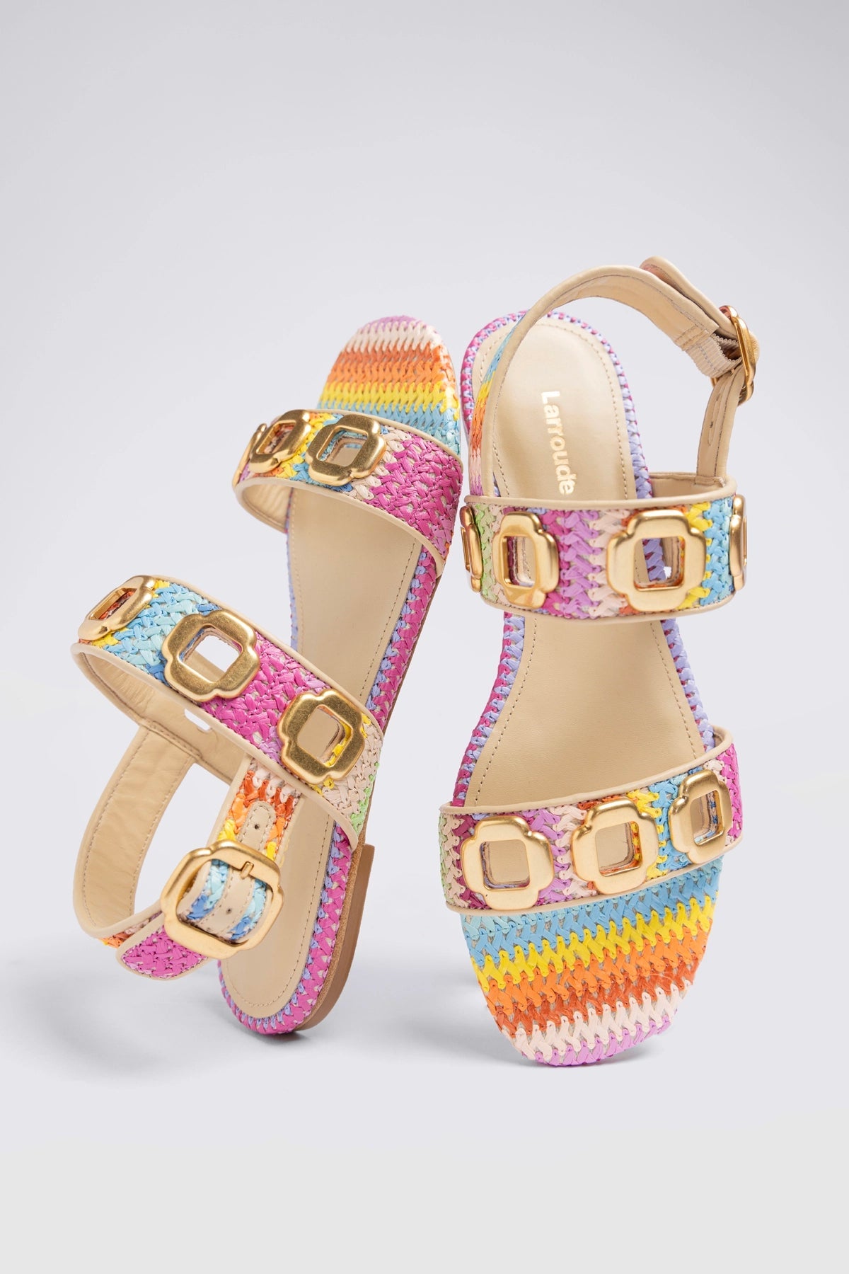 Larroude Milan Flat Sandal Rainbow Raffia