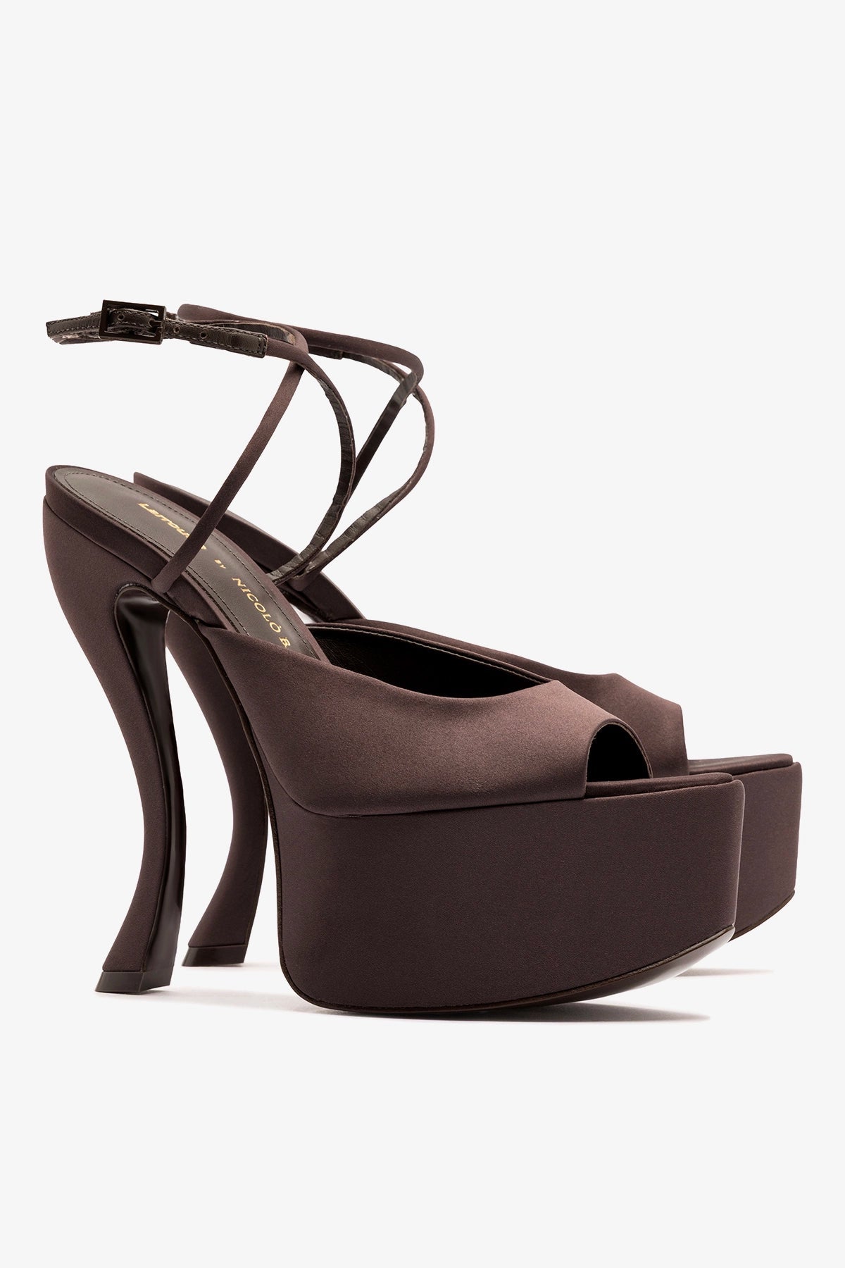 Larroude Larroudé x Nicolò B.: Lola Sandal Mahogany Satin