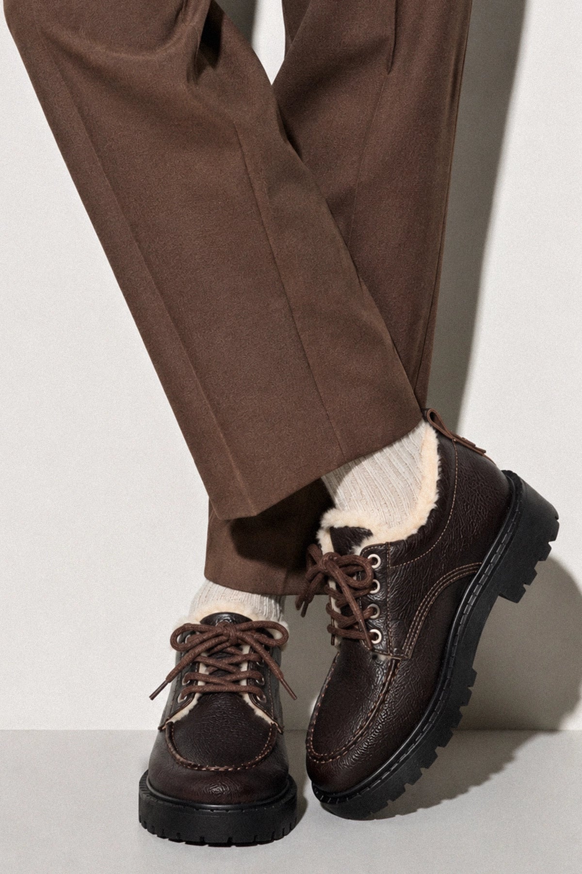 Larroude London Shearling Lace Up Loafer Brown Leather
