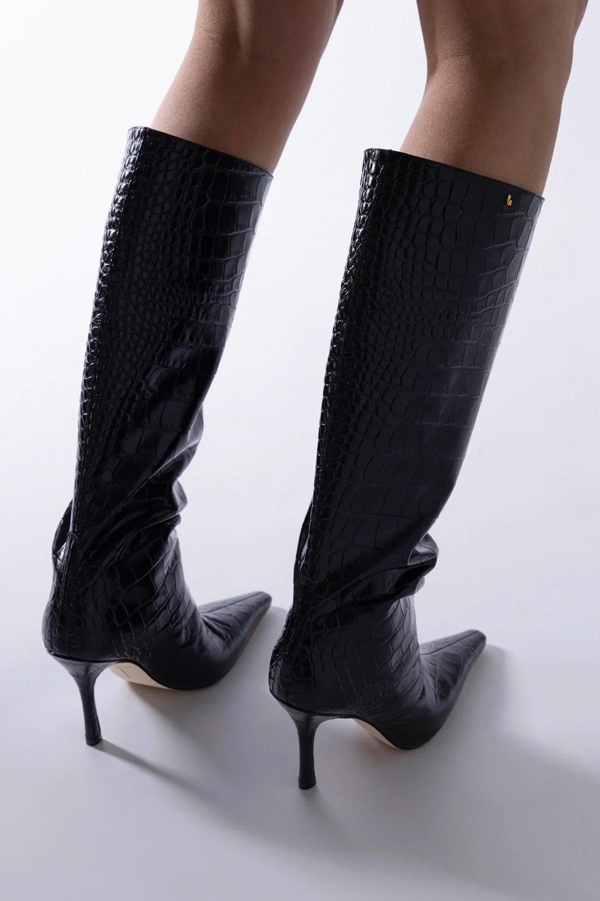 Larroude Carine Boot Black Croco Patent Leather