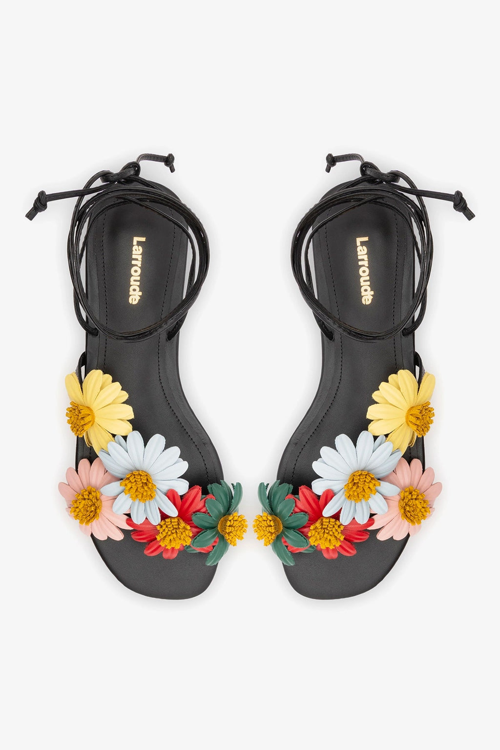 Larroude Fiore Flat Sandal Black Leather