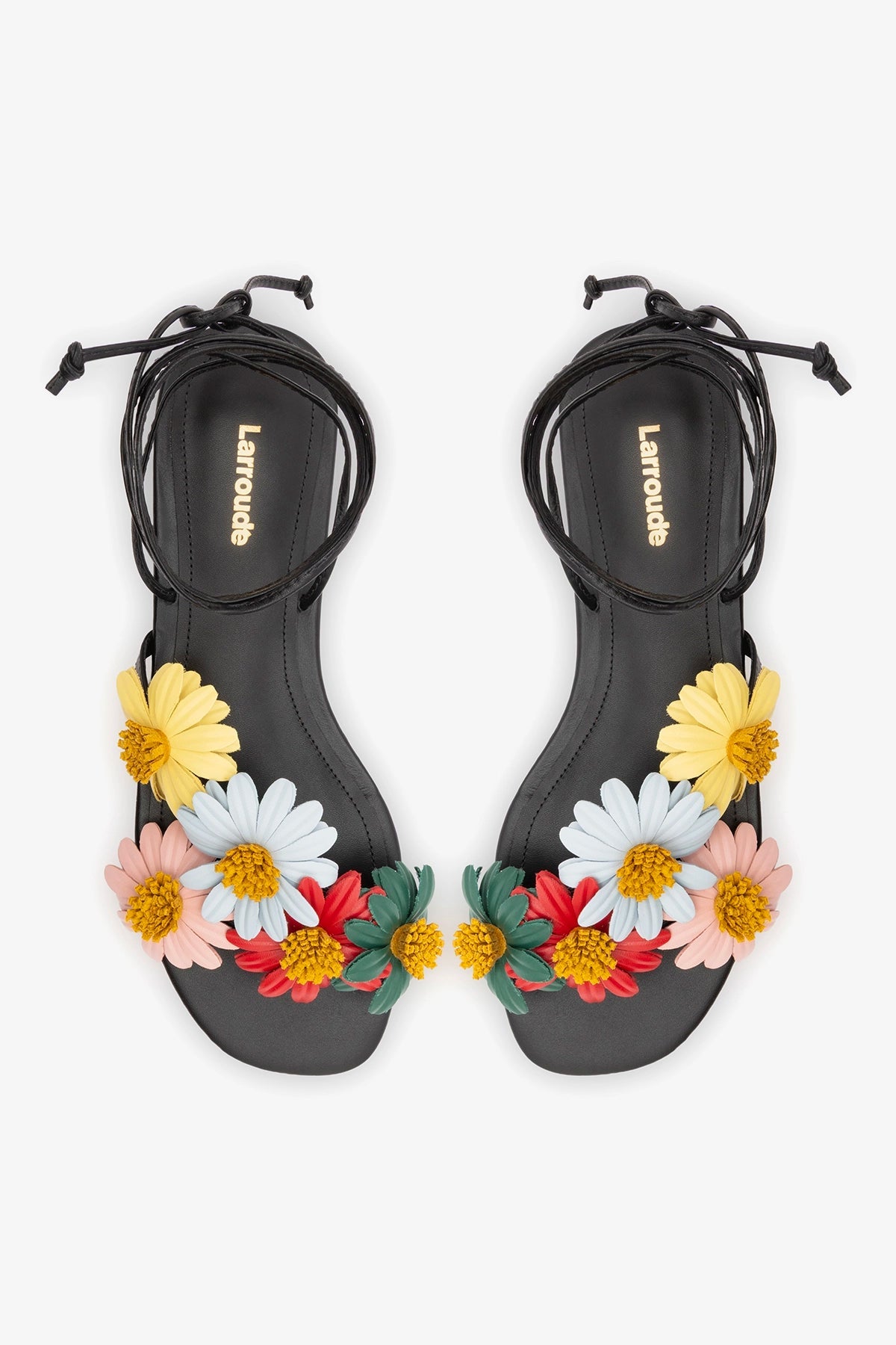 Larroude Fiore Flat Sandal Black Leather
