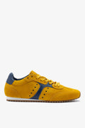 Larroude Stella Sneaker In Yellow Suede and Navy Leather