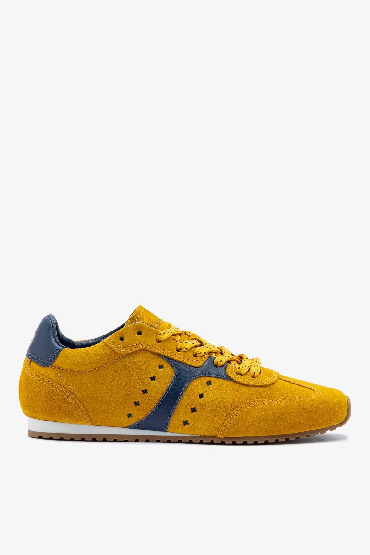 Larroude Stella Sneaker In Yellow Suede and Navy Leather