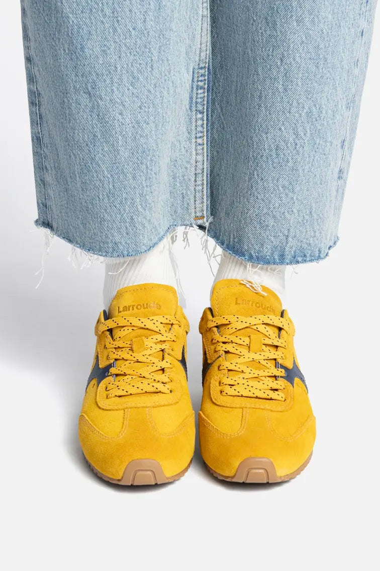 Larroude Stella Sneaker In Yellow Suede and Navy Leather