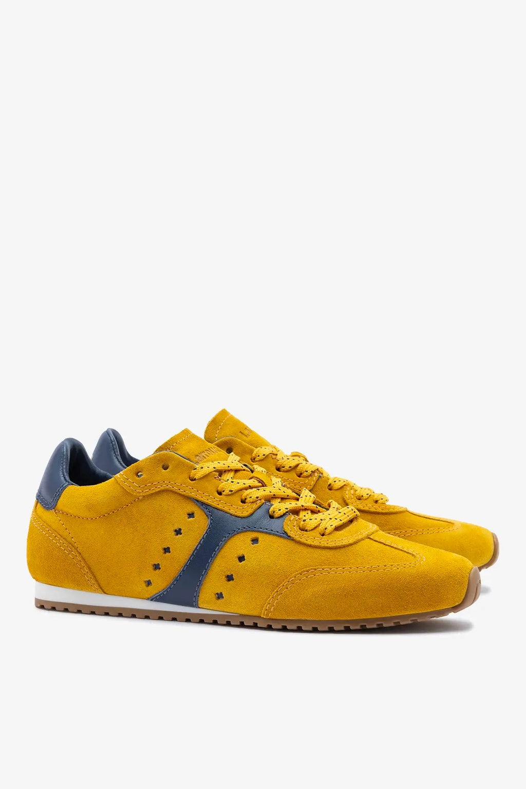 Larroude Stella Sneaker In Yellow Suede and Navy Leather