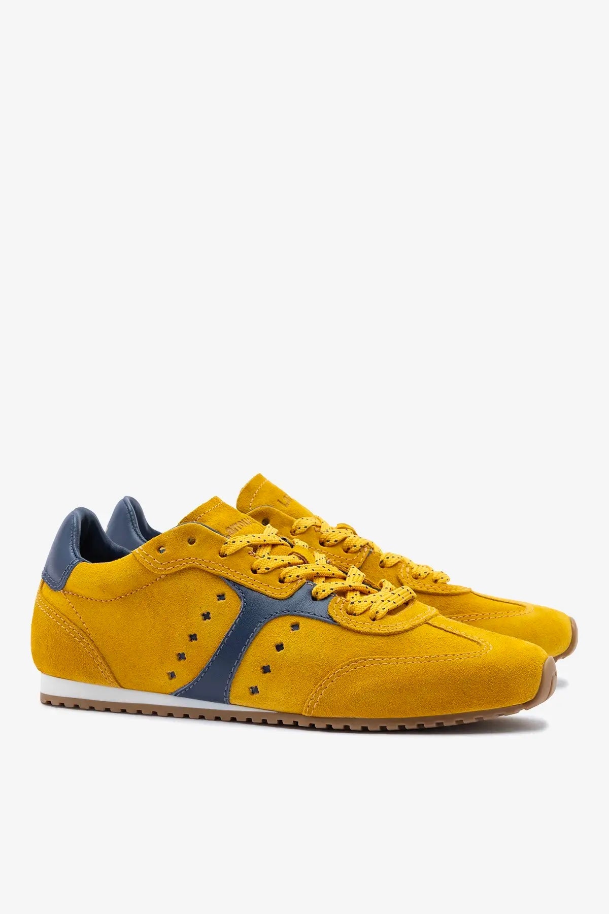 Larroude Stella Sneaker In Yellow Suede and Navy Leather