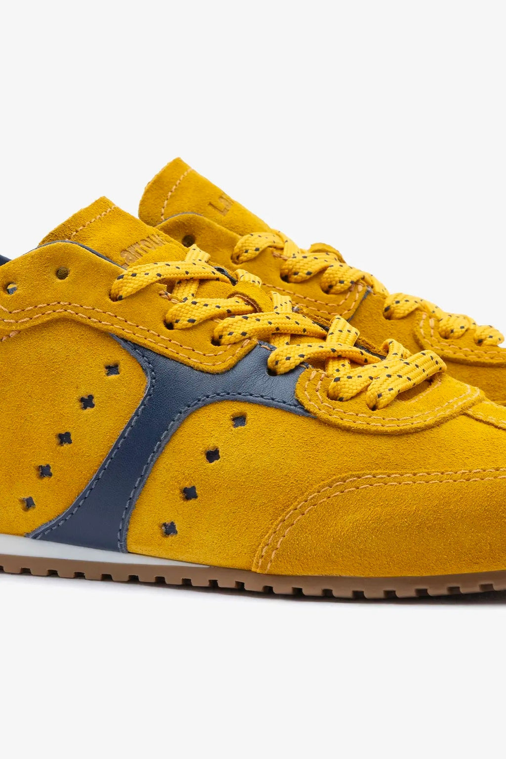 Larroude Stella Sneaker In Yellow Suede and Navy Leather