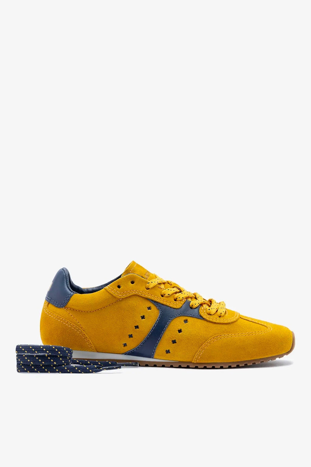 Larroude Stella Sneaker In Yellow Suede and Navy Leather