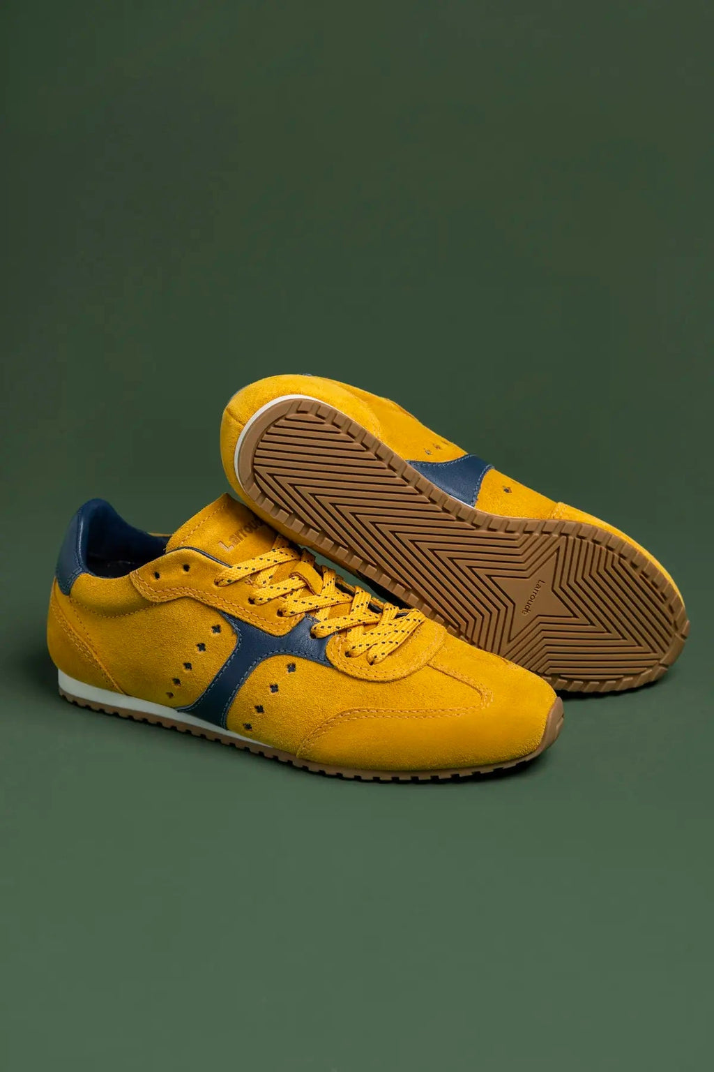 Larroude Stella Sneaker In Yellow Suede and Navy Leather