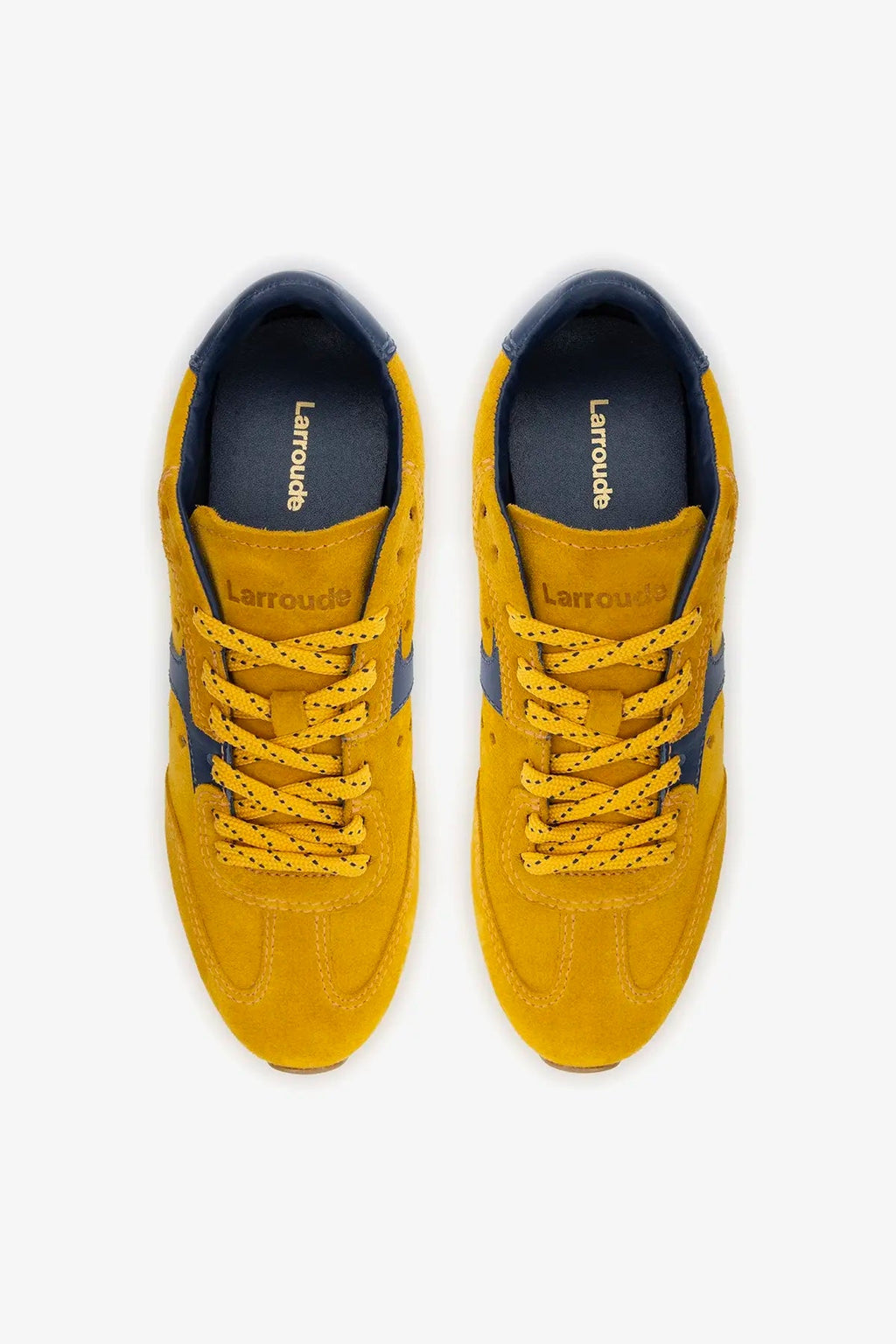 Larroude Stella Sneaker In Yellow Suede and Navy Leather