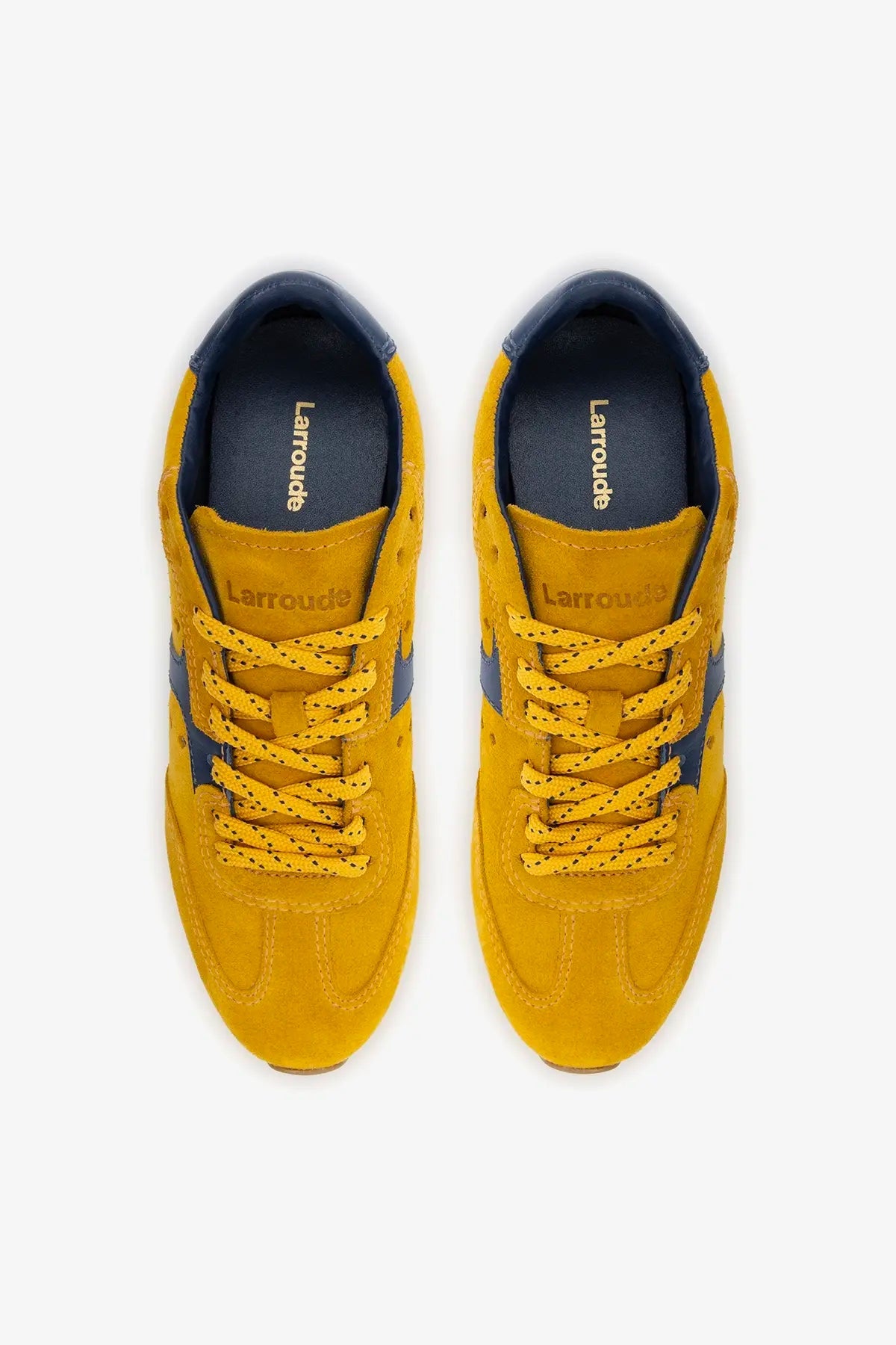 Larroude Stella Sneaker In Yellow Suede and Navy Leather