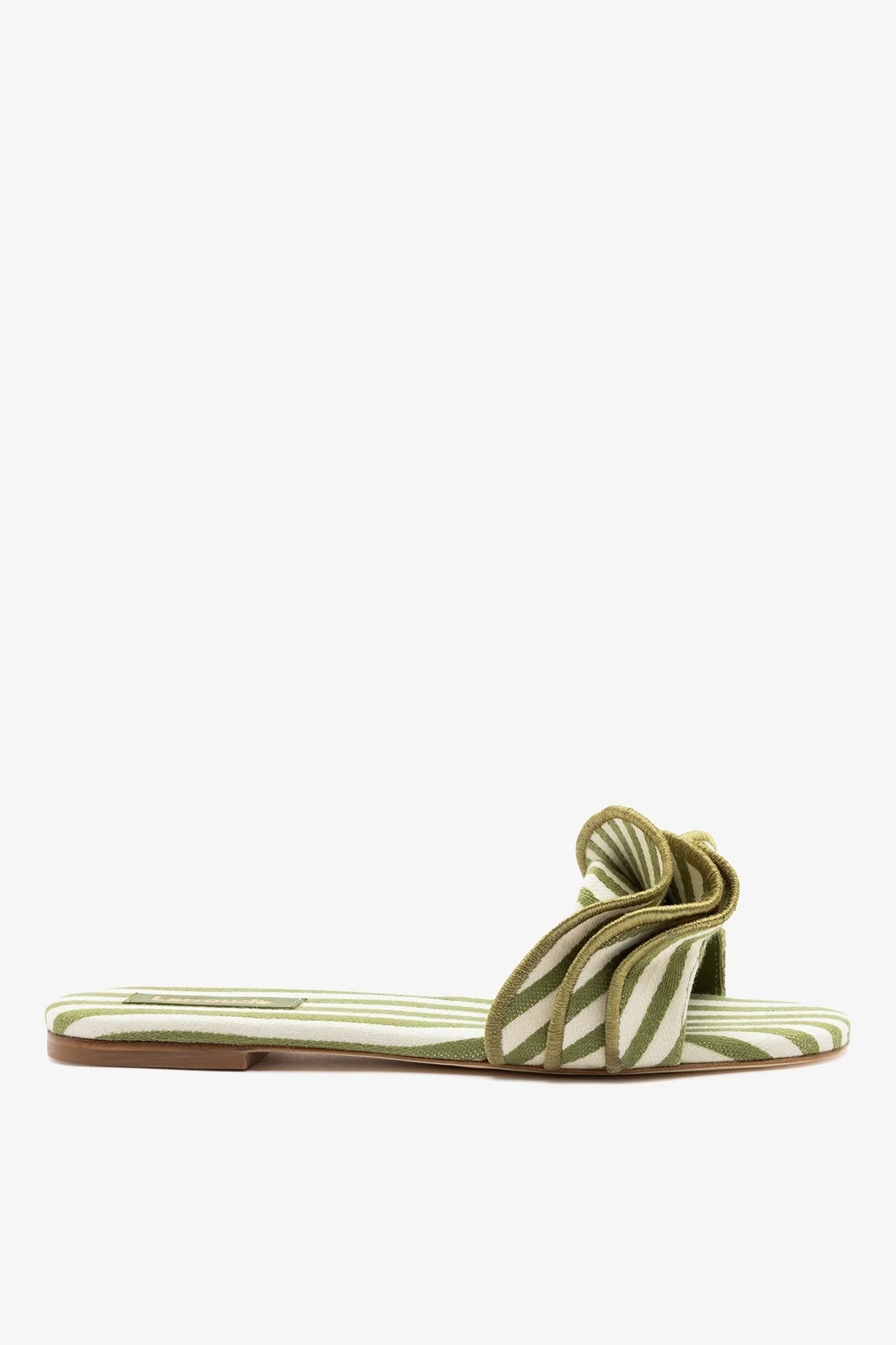 Larroude Ivy Ruffle Flat Seaweed Striped Canvas