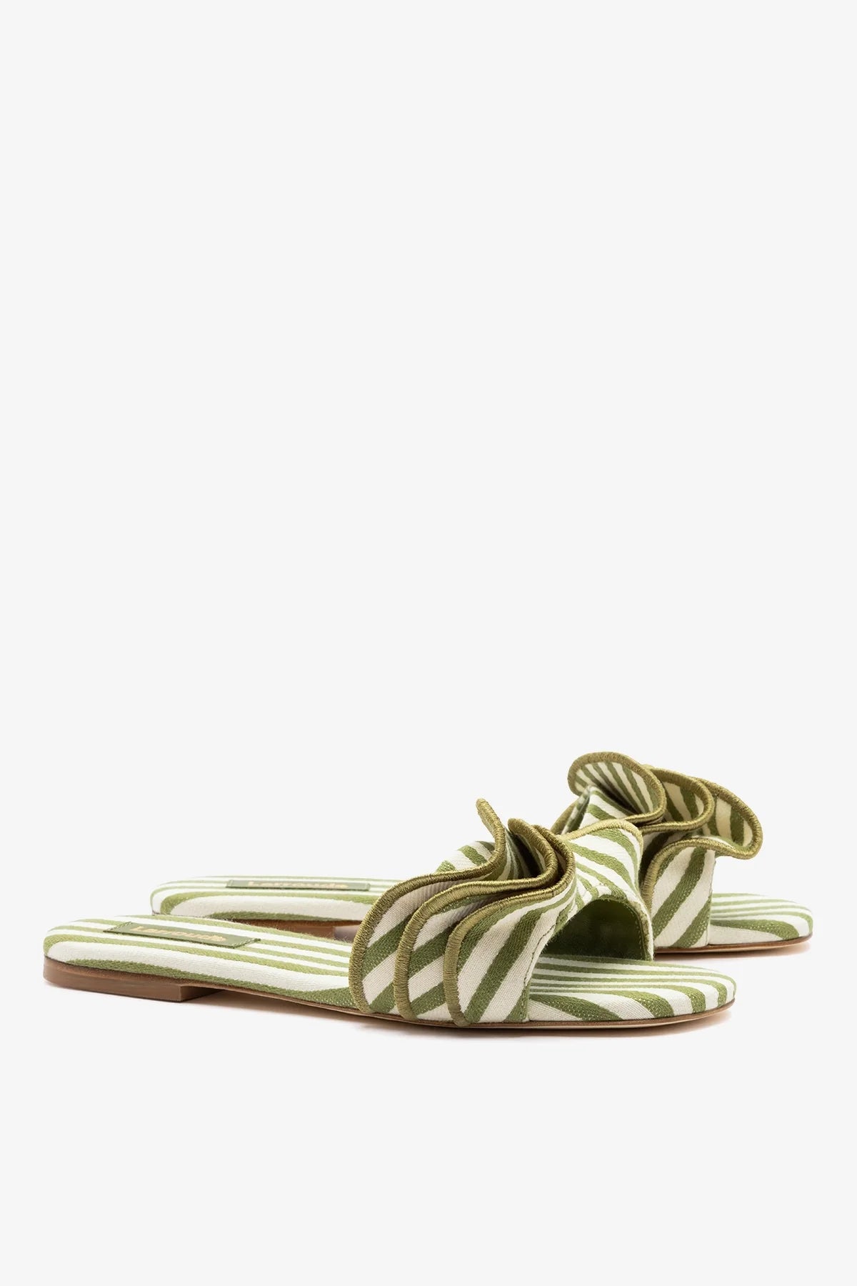 Larroude Ivy Ruffle Flat Seaweed Striped Canvas