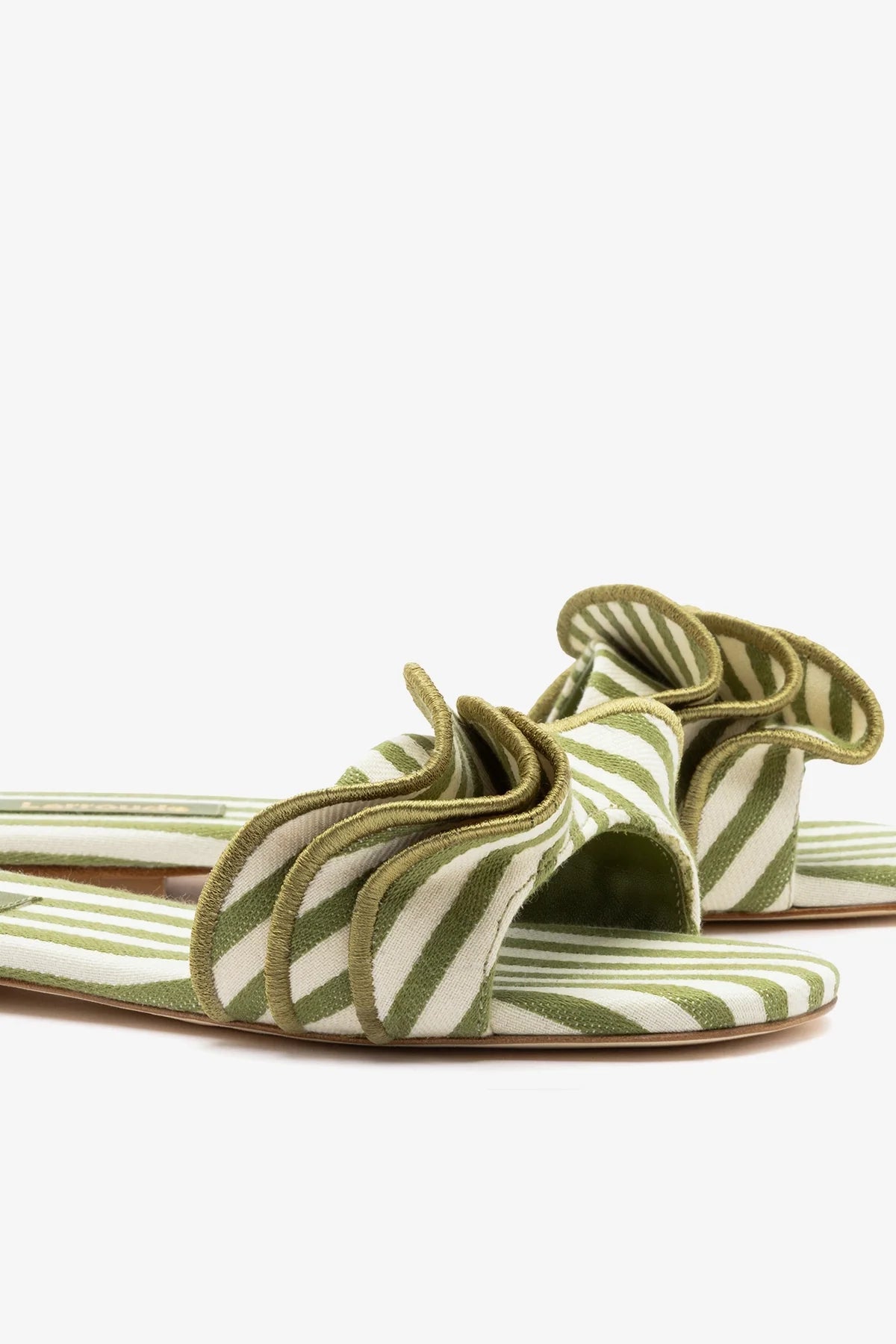 Larroude Ivy Ruffle Flat Seaweed Striped Canvas