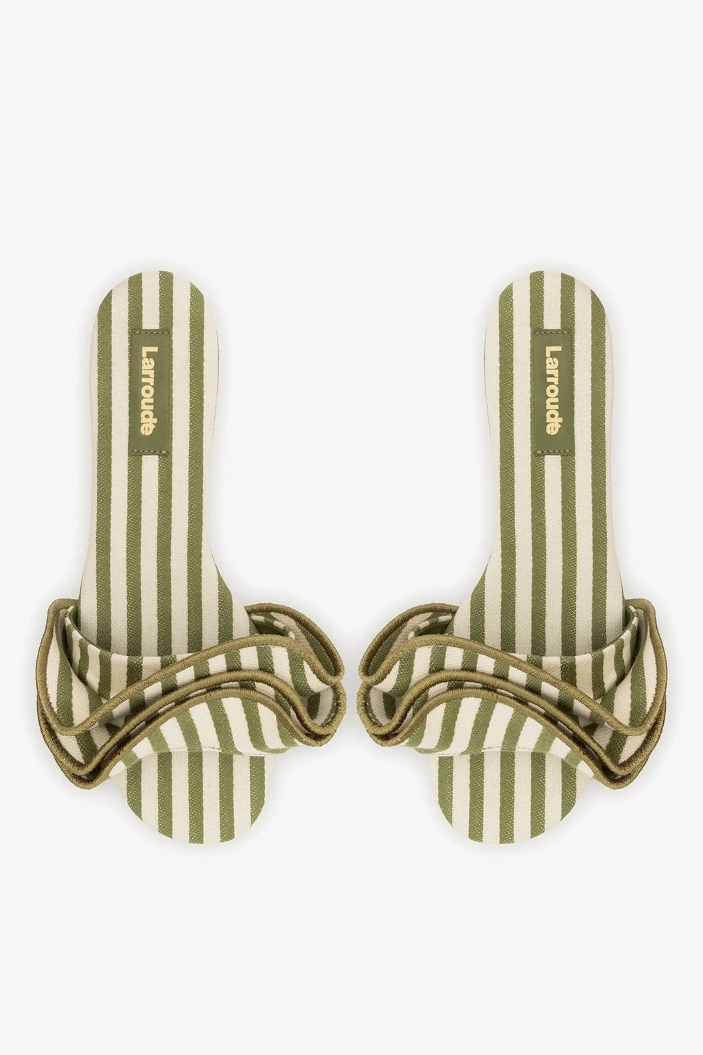 Larroude Ivy Ruffle Flat Seaweed Striped Canvas