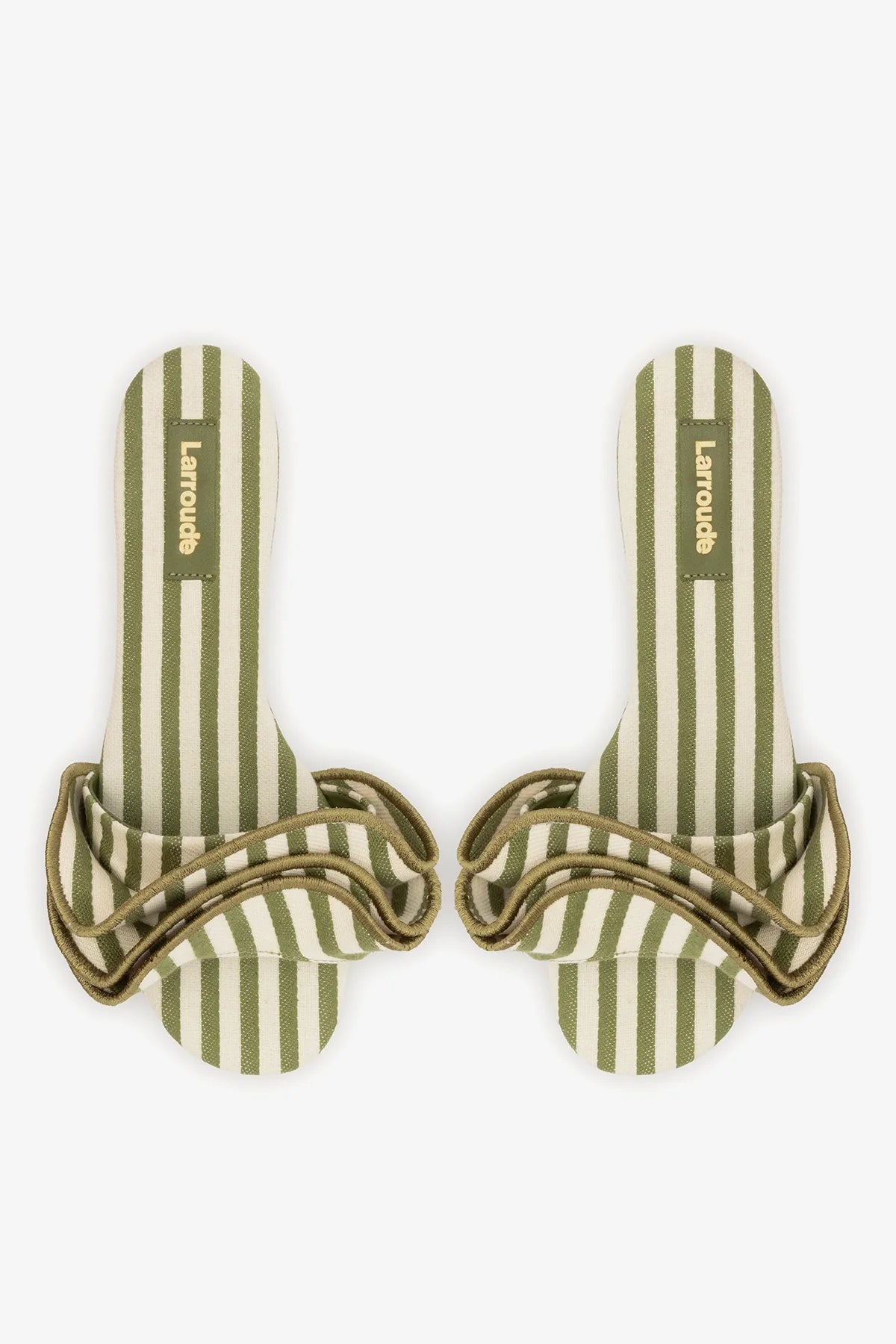 Larroude Ivy Ruffle Flat Seaweed Striped Canvas