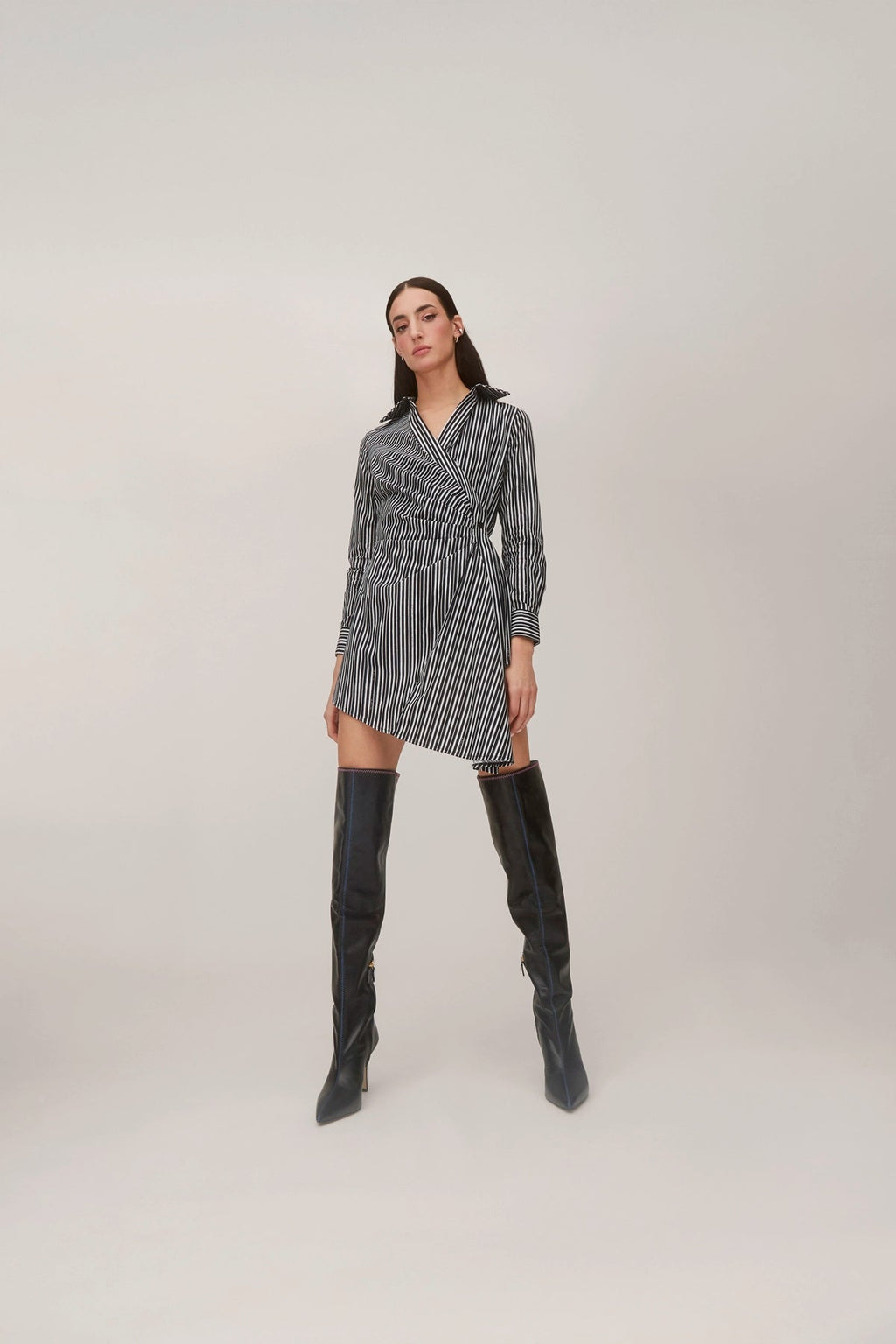 Larroude Sashi Wrap Dress In Black and White Striped Cotton