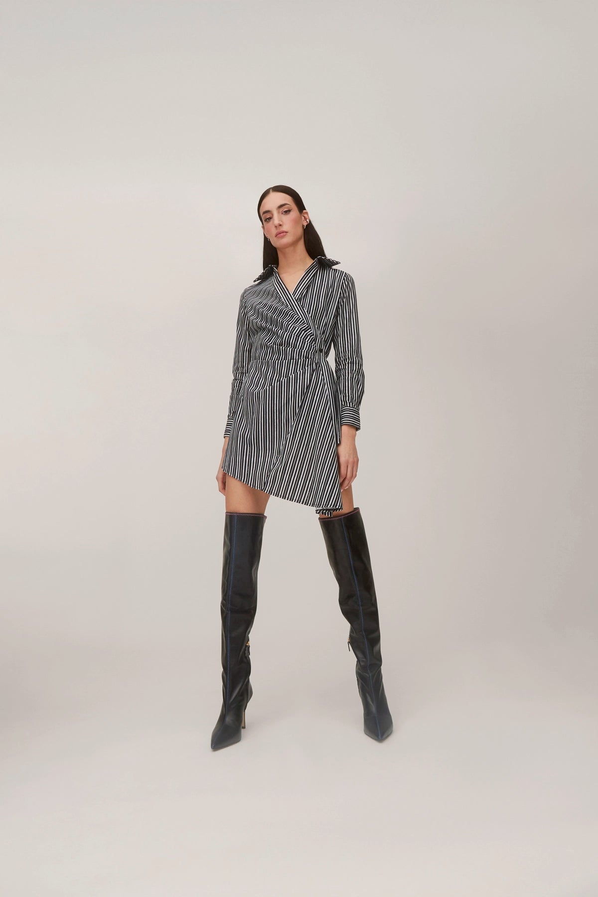 Larroude Sashi Wrap Dress In Black and White Striped Cotton