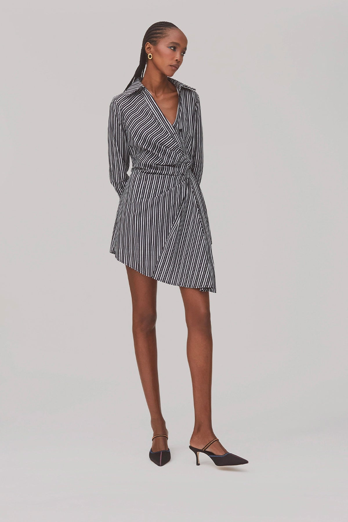 Larroude Sashi Wrap Dress In Black and White Striped Cotton
