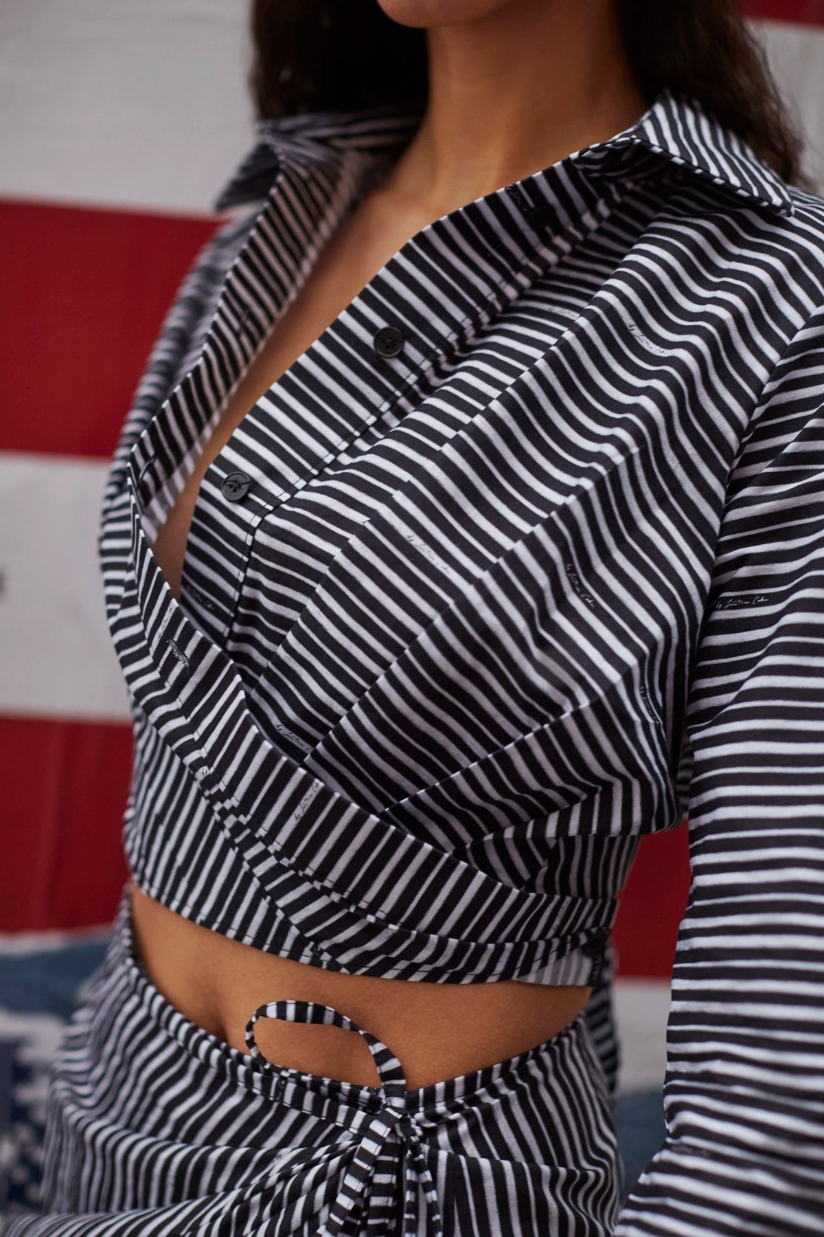 Larroude Rose Wrap Top In Black and White Striped Cotton