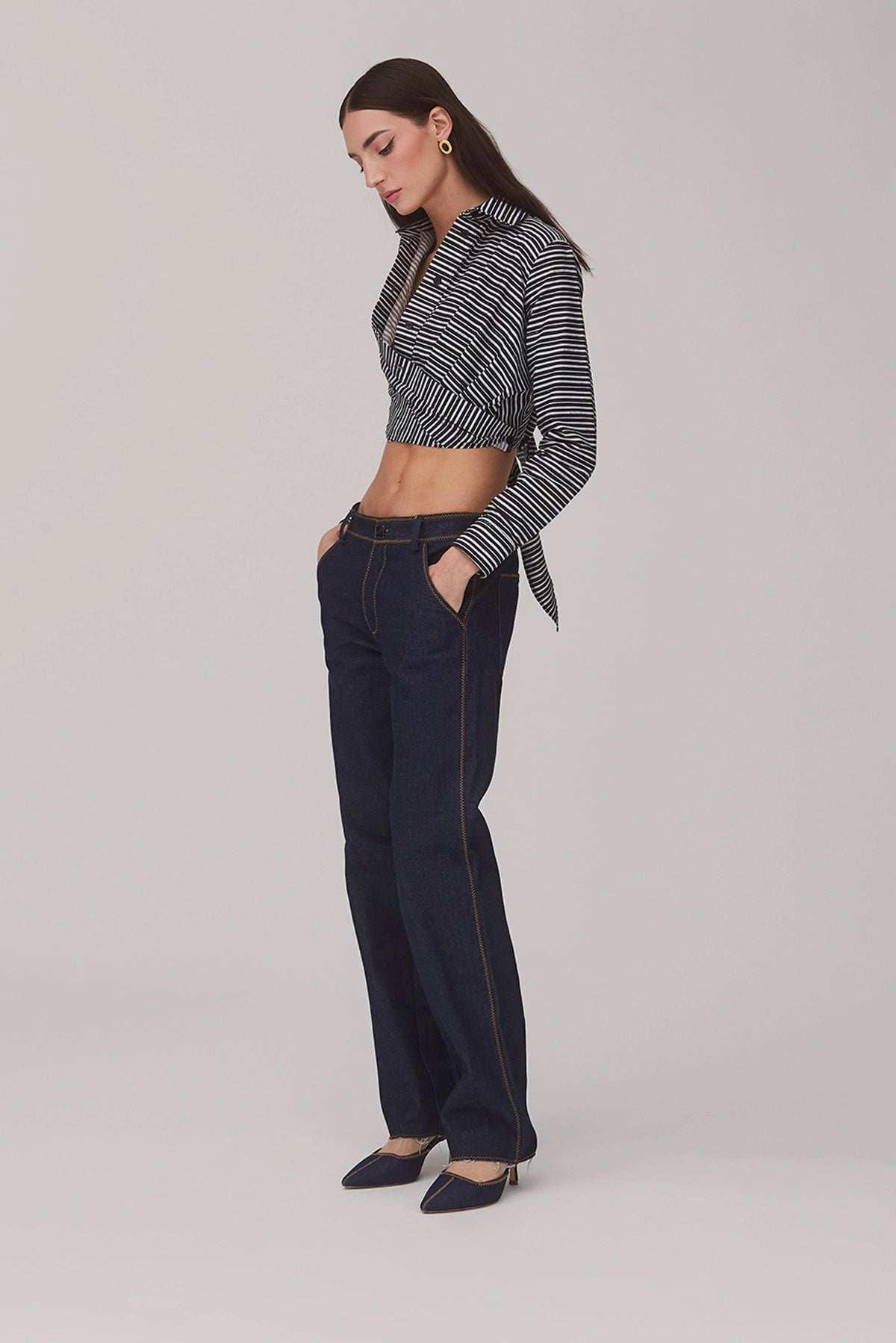 Larroude Rose Wrap Top In Black and White Striped Cotton