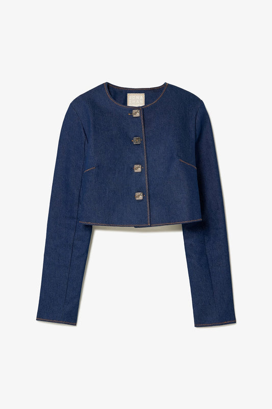 Larroude Gloria Cropped Jacket In Blue Denim