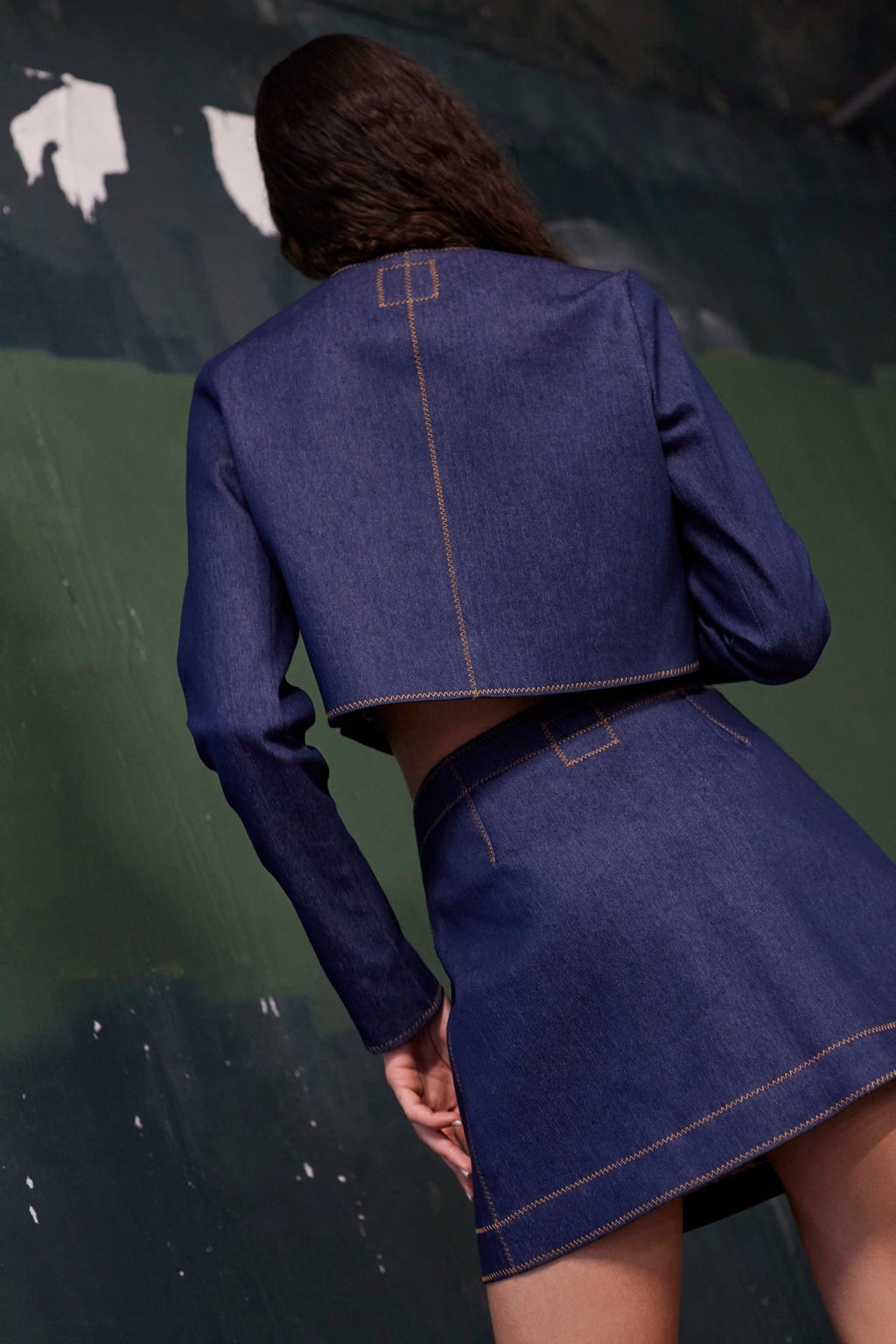 Larroude Gloria Cropped Jacket In Blue Denim