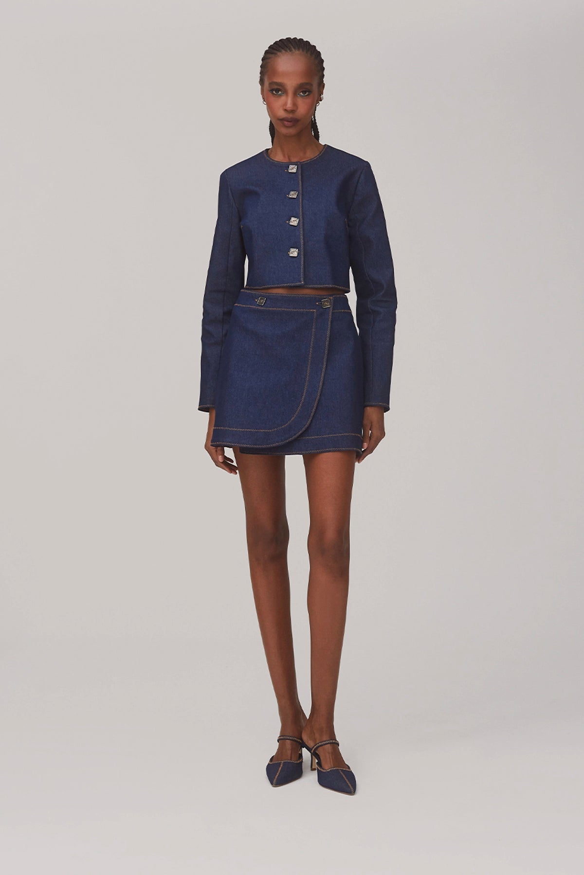 Larroude Gloria Cropped Jacket In Blue Denim