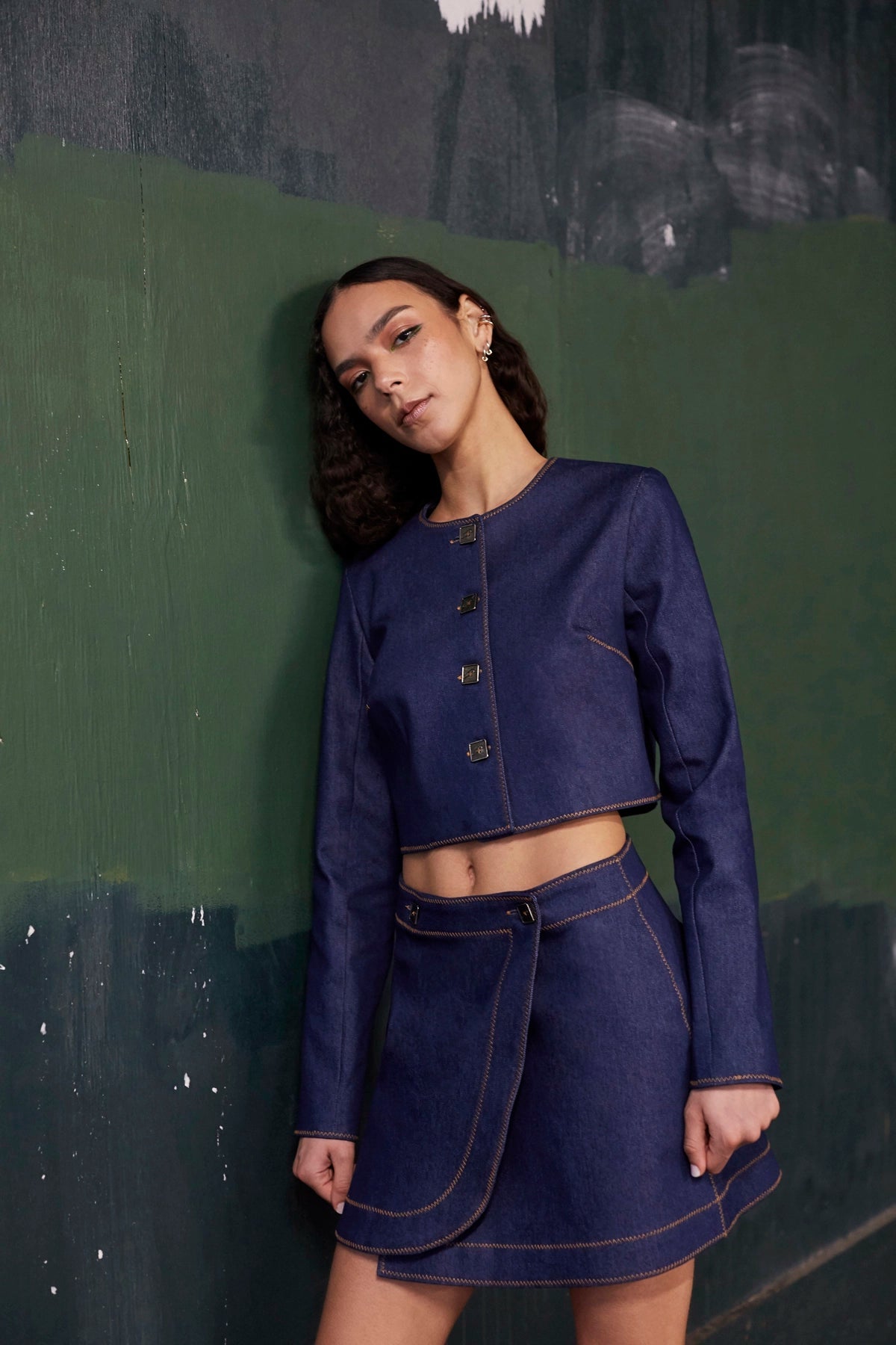 Larroude Marina Mini Skirt In Blue Denim
