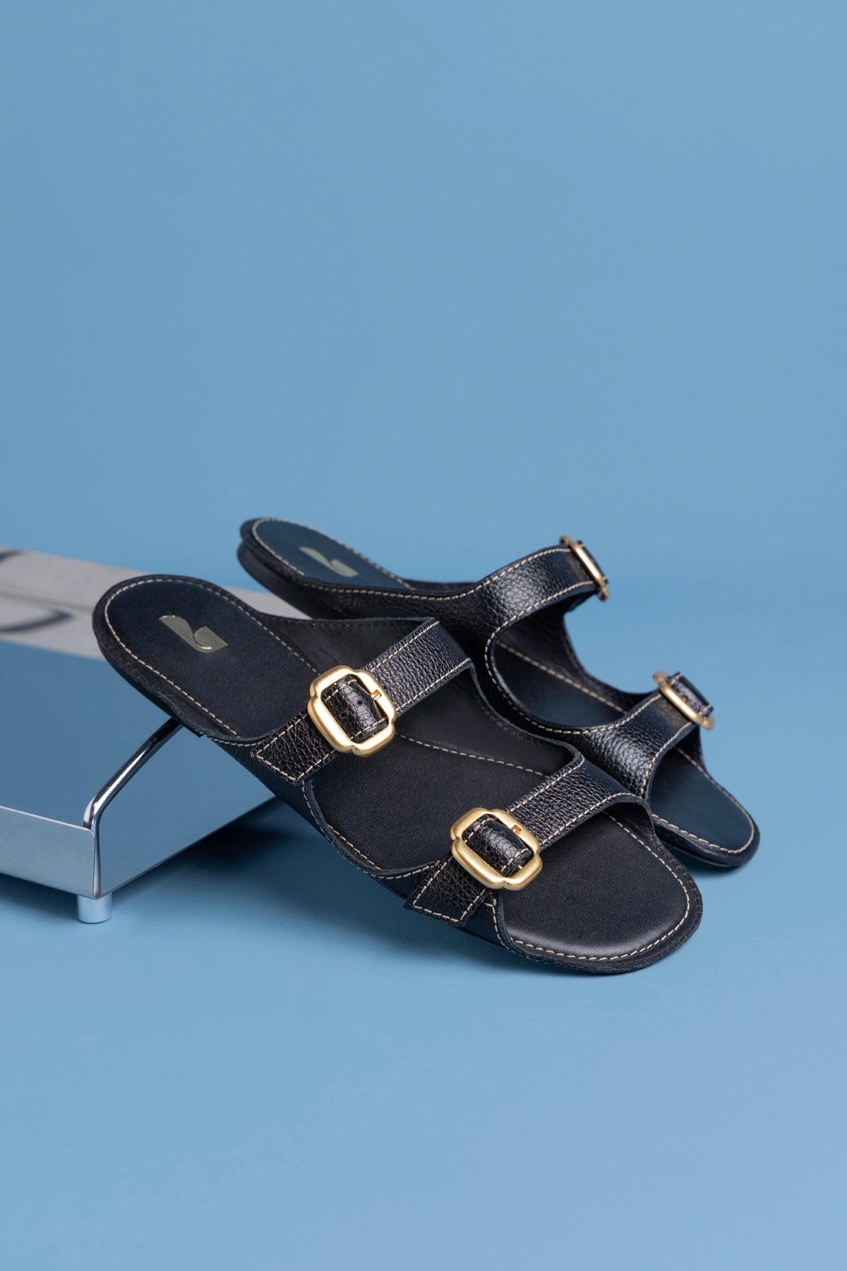 Larroude Amalfi Flat Black Leather