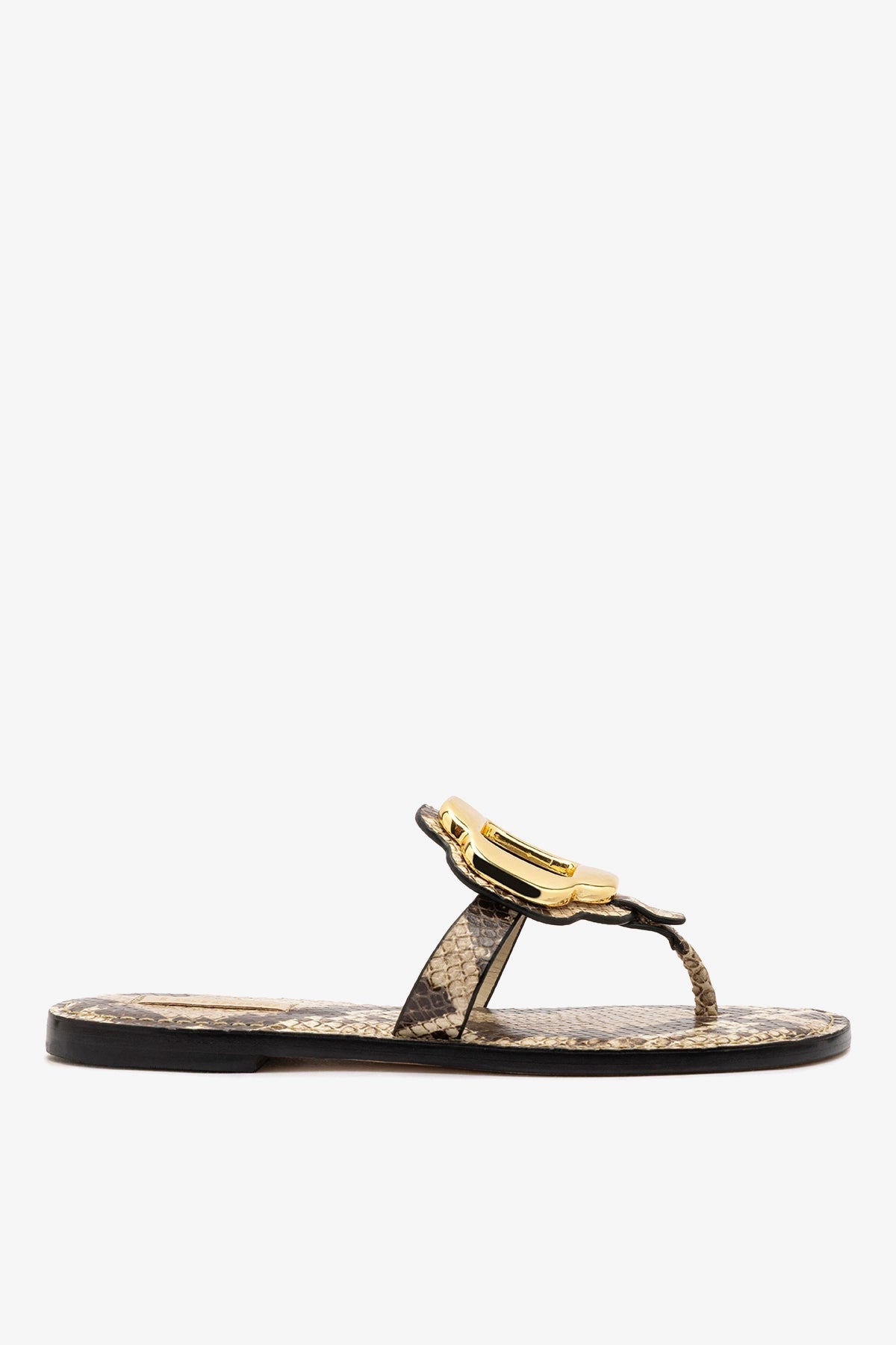 Larroude Margherita Thong Sandal in Neutral Snake Leather and Gold Hardware