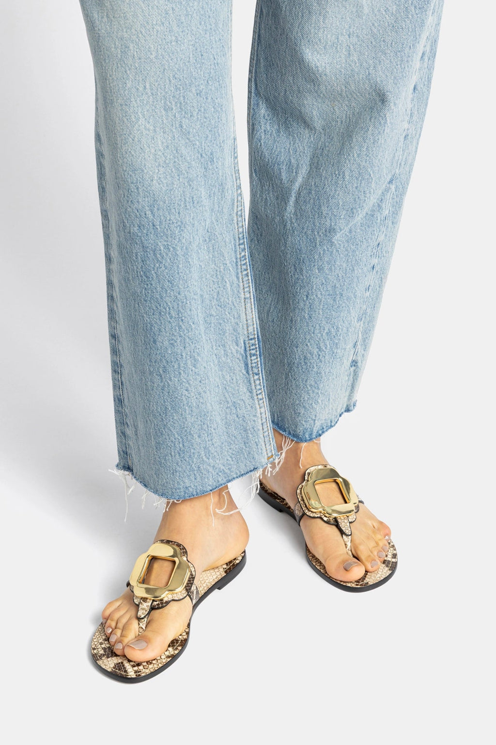Larroude Margherita Thong Sandal in Neutral Snake Leather and Gold Hardware