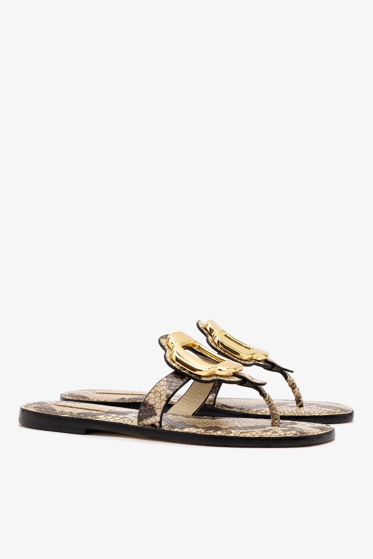 Larroude Margherita Thong Sandal in Neutral Snake Leather and Gold Hardware