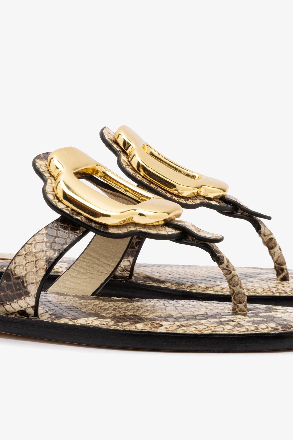 Larroude Margherita Thong Sandal in Neutral Snake Leather and Gold Hardware