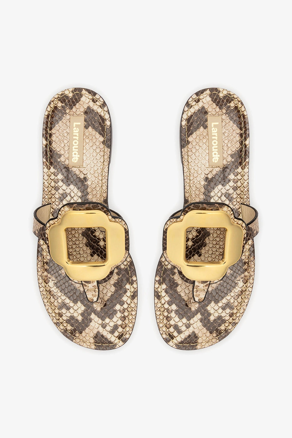 Larroude Margherita Thong Sandal in Neutral Snake Leather and Gold Hardware