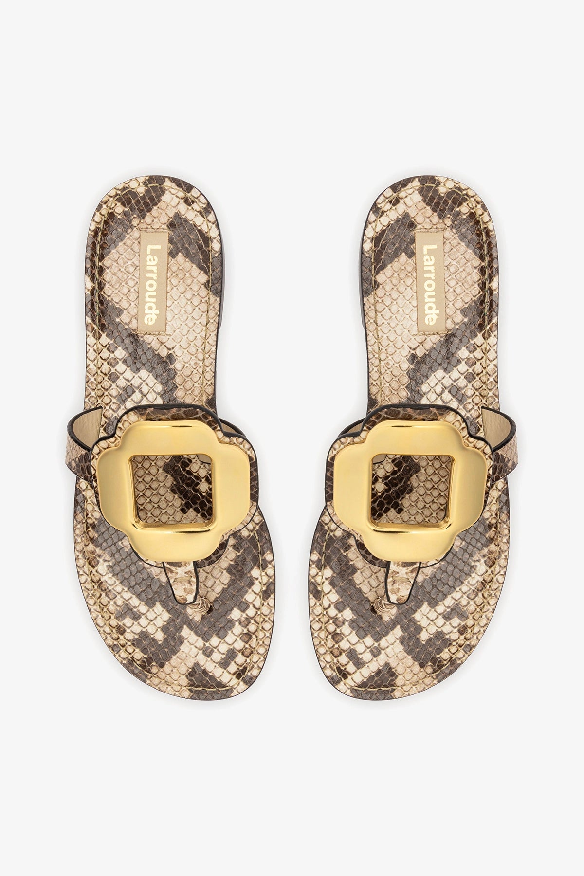 Larroude Margherita Thong Sandal in Neutral Snake Leather and Gold Hardware