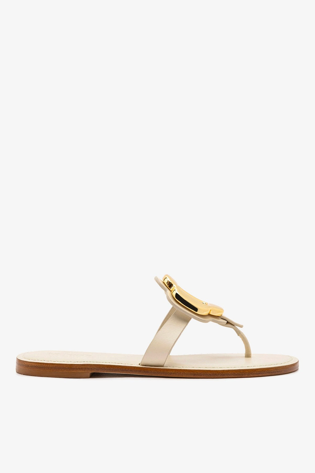 Larroude Margherita Thong Sandal in Ivory Leather and Gold Hardware