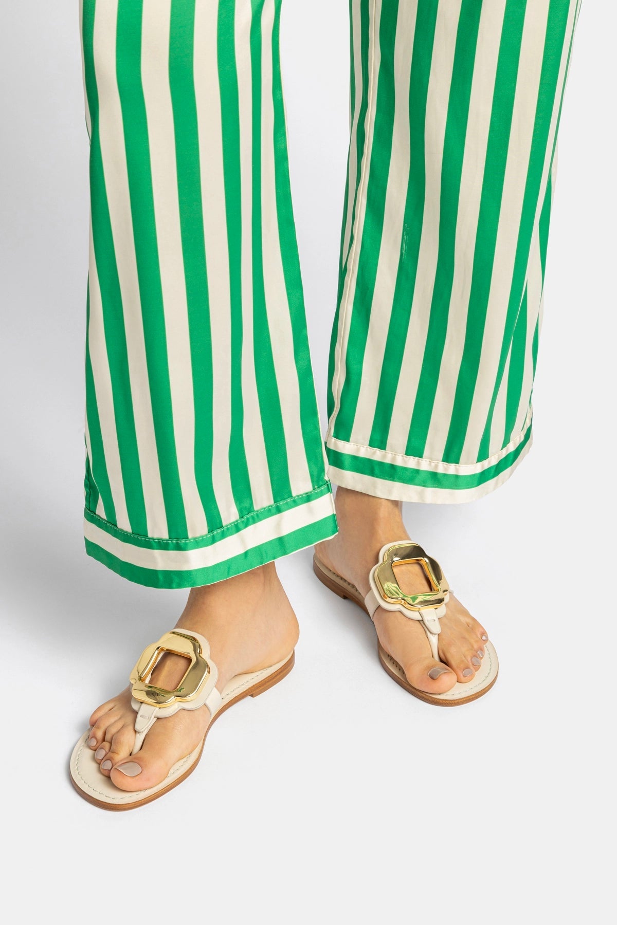 Larroude Margherita Thong Sandal in Ivory Leather and Gold Hardware