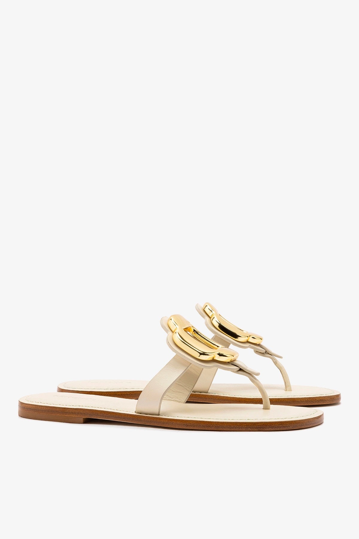 Larroude Margherita Thong Sandal in Ivory Leather and Gold Hardware