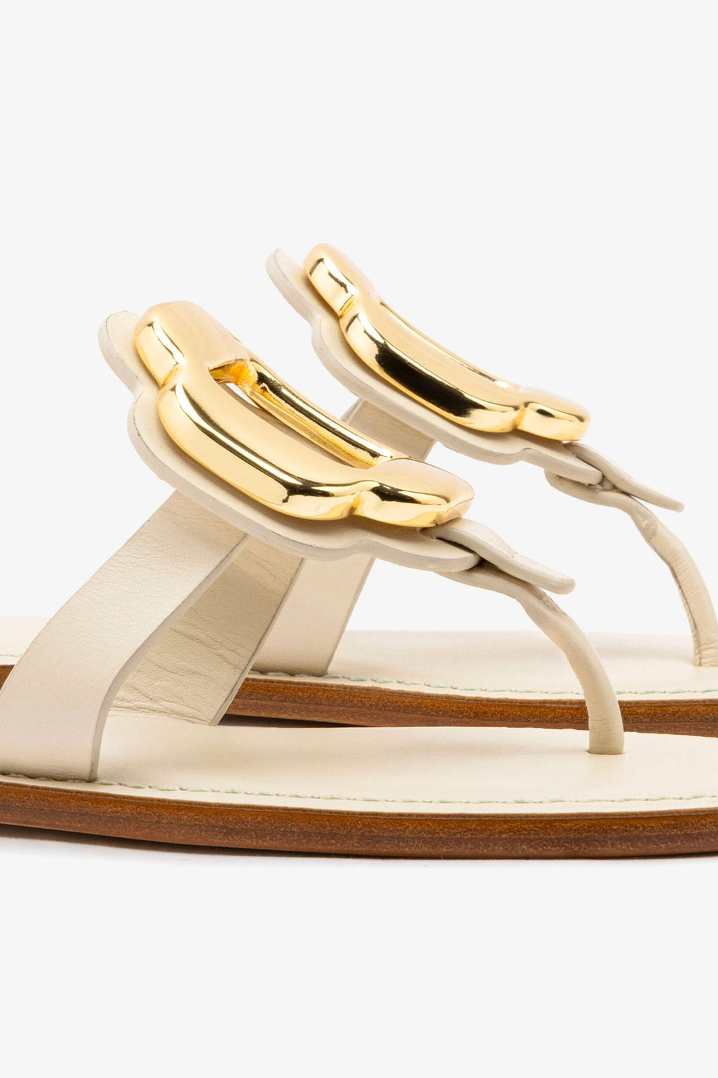 Larroude Margherita Thong Sandal in Ivory Leather and Gold Hardware